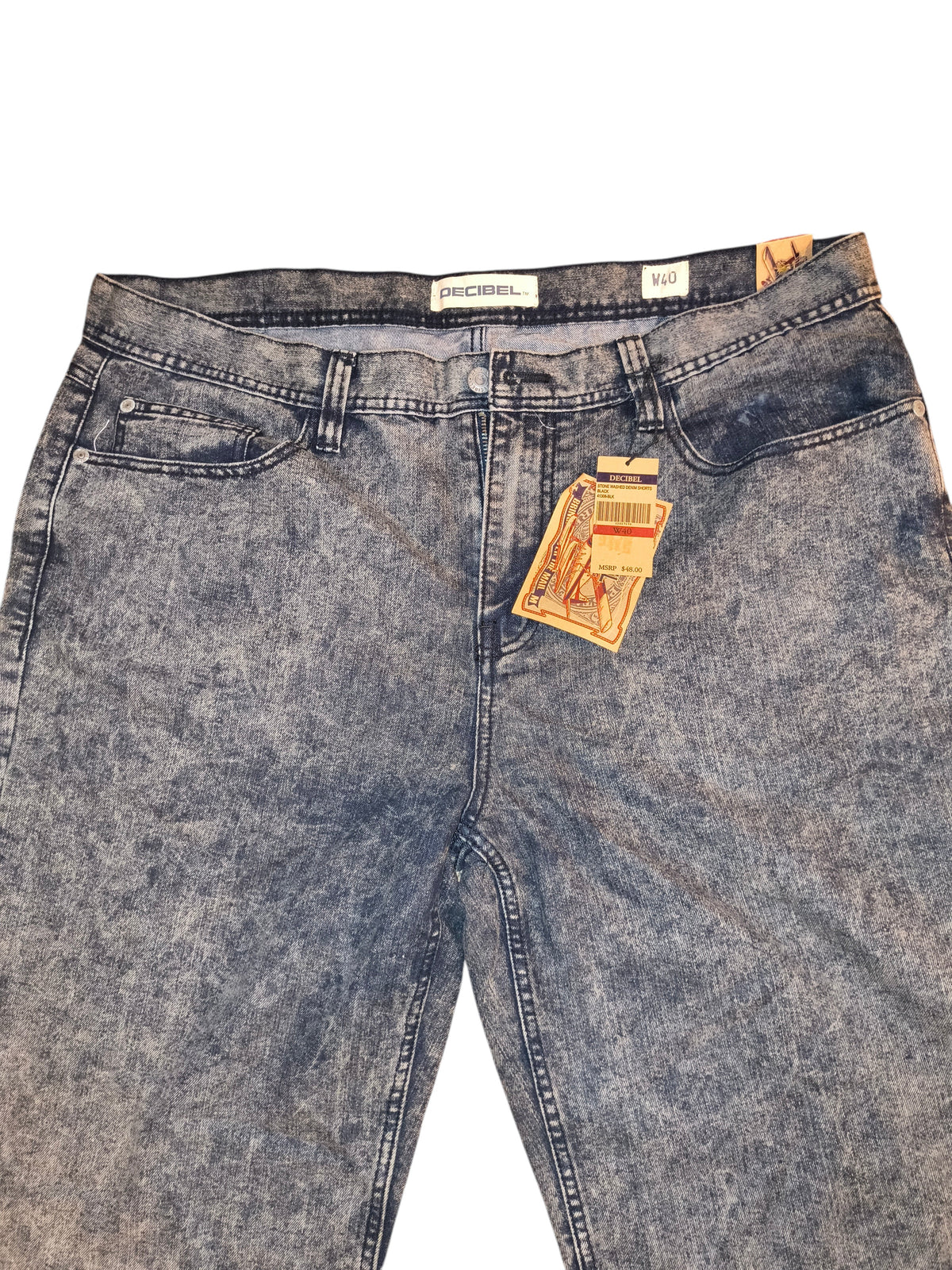 Awsum Thrift Decibel men's black stone washed denim shorts with original retail tags and silver hardware