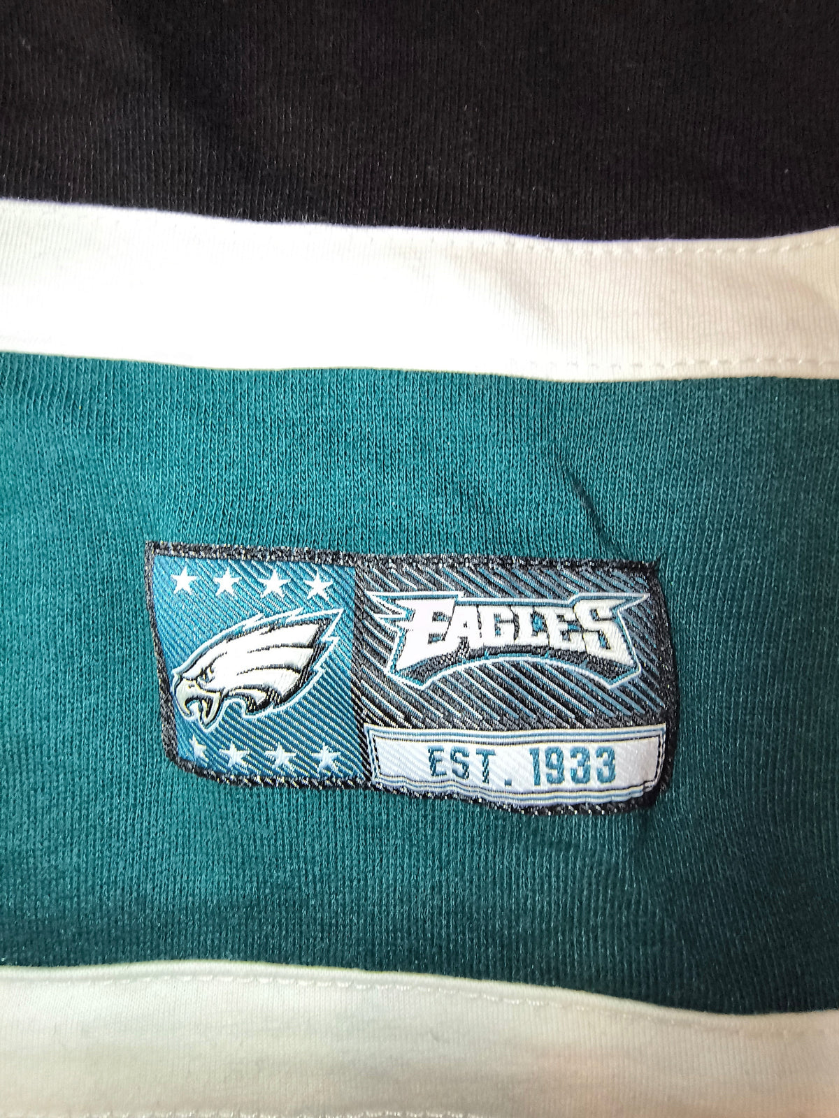 Awsum Thrift Philadelphia Eagles jersey hoodie featuring an embroidered team logo patch on midnight green fabric