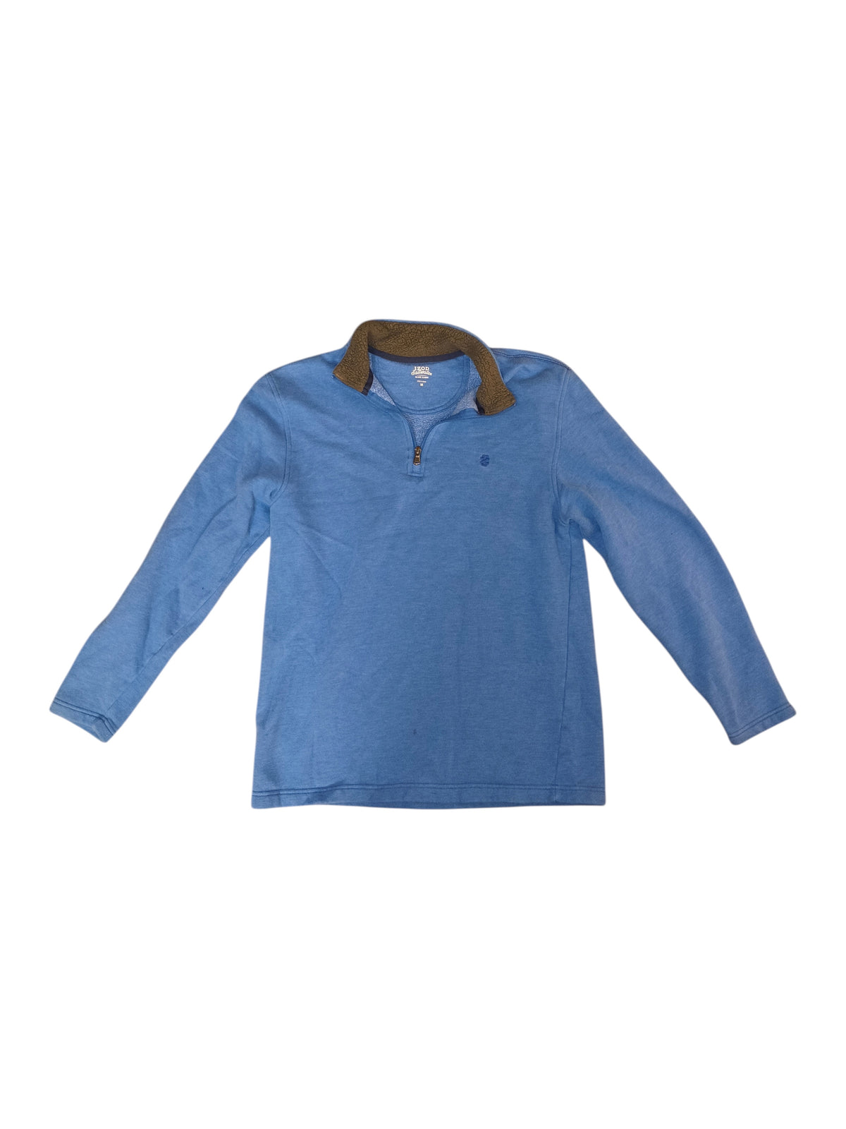 Awsum Thrift IZOD light blue heather 1/4 zip fleece pullover with olive green sherpa lined collar
