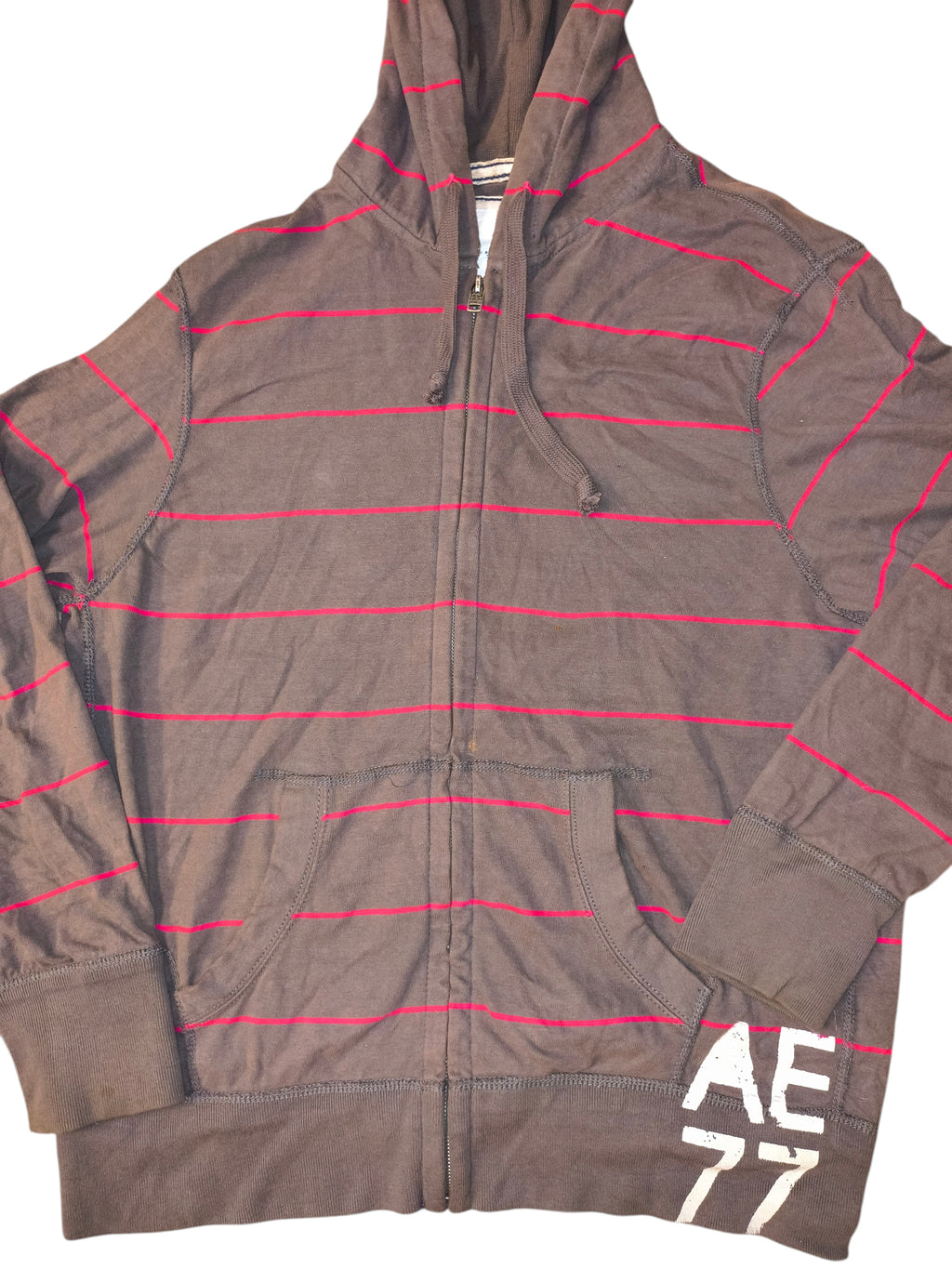 Awsum Thrift American Eagle Outfitters brown and neon pink striped cotton full-zip hoodie with AE 77 graphic