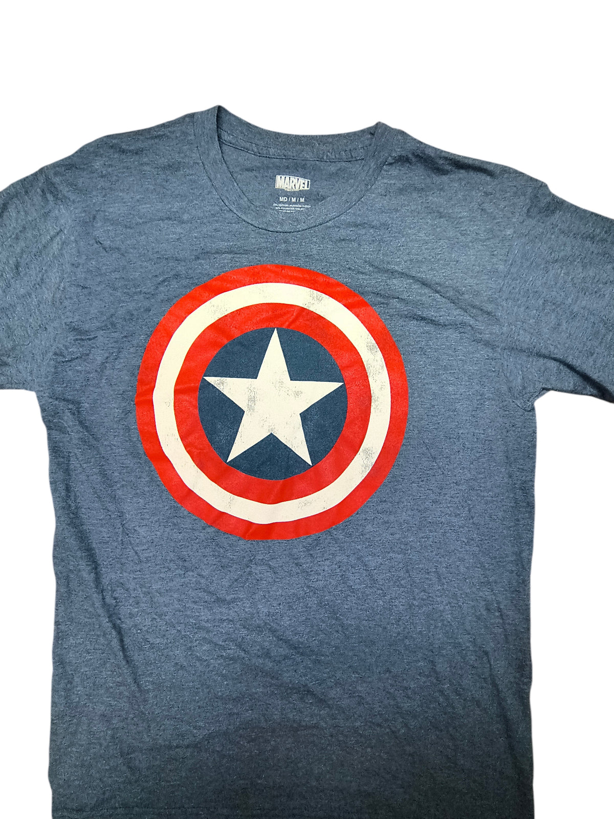 Awsum Thrift Captain America heather blue t-shirt with a distressed red, white, and blue shield graphic on the chest.