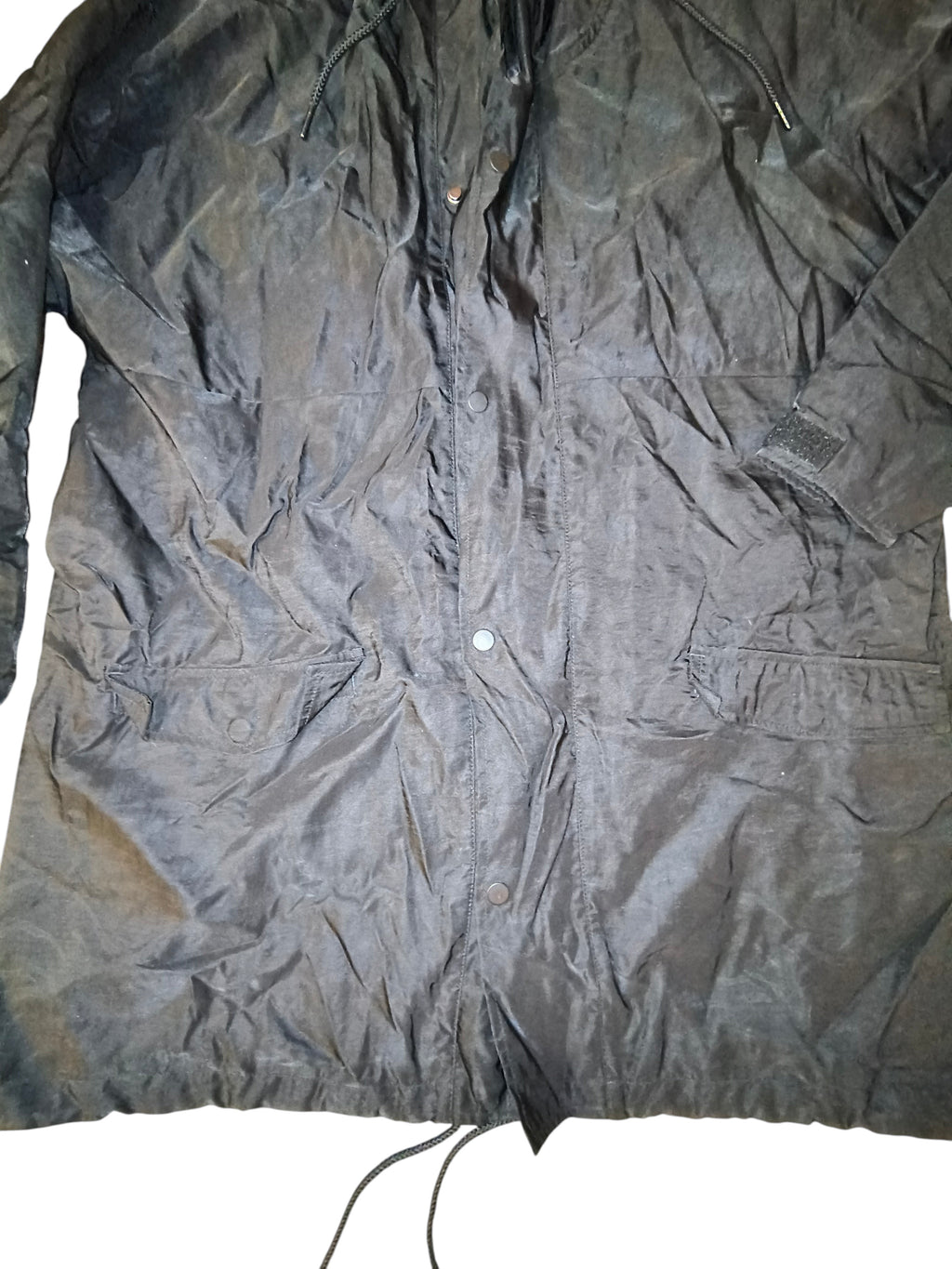 Awsum Thrift Publish Brand matte black longline parka jacket with full-zip front and button storm flap