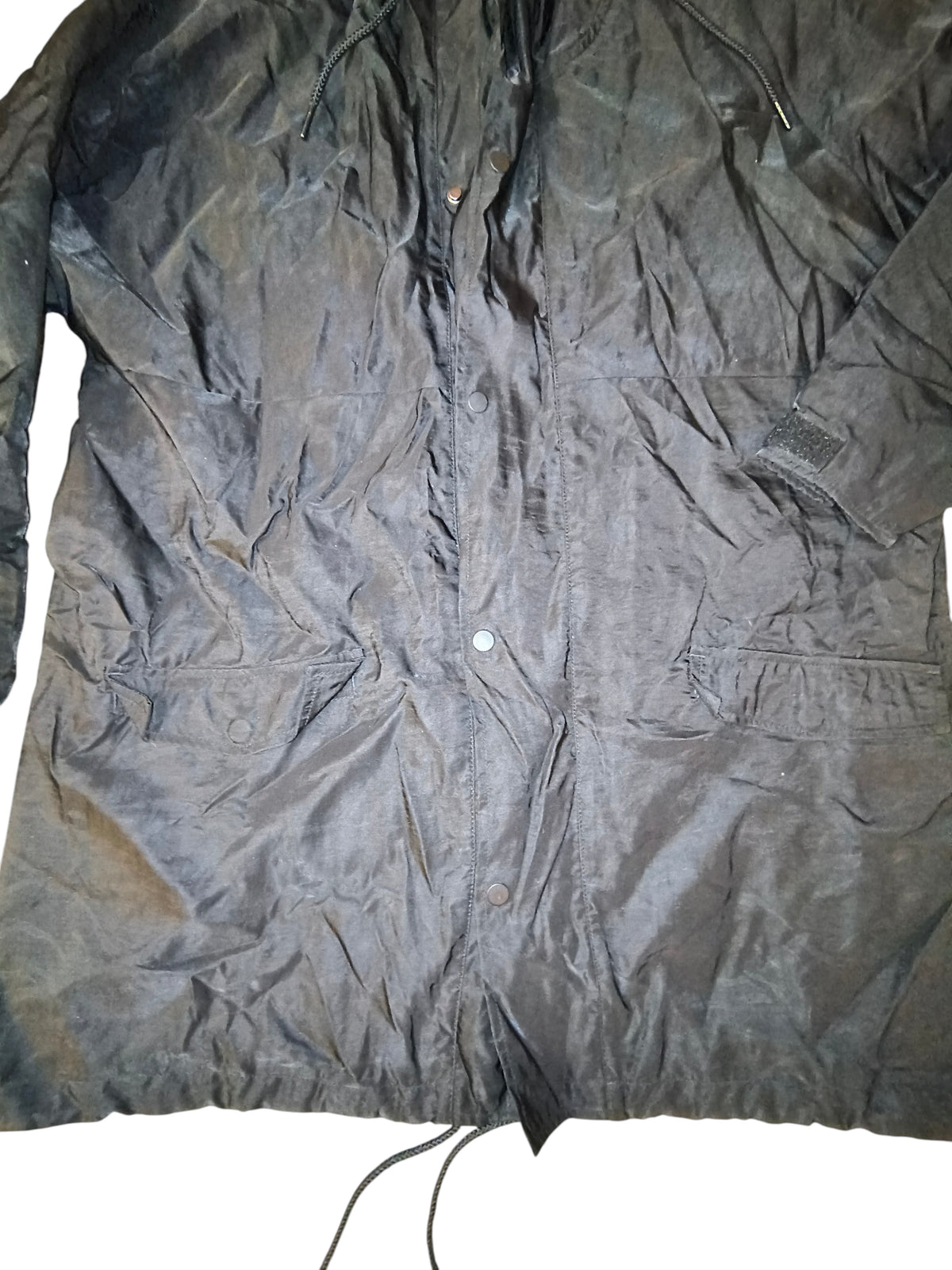 Awsum Thrift Publish Brand matte black longline parka jacket with full-zip front and button storm flap