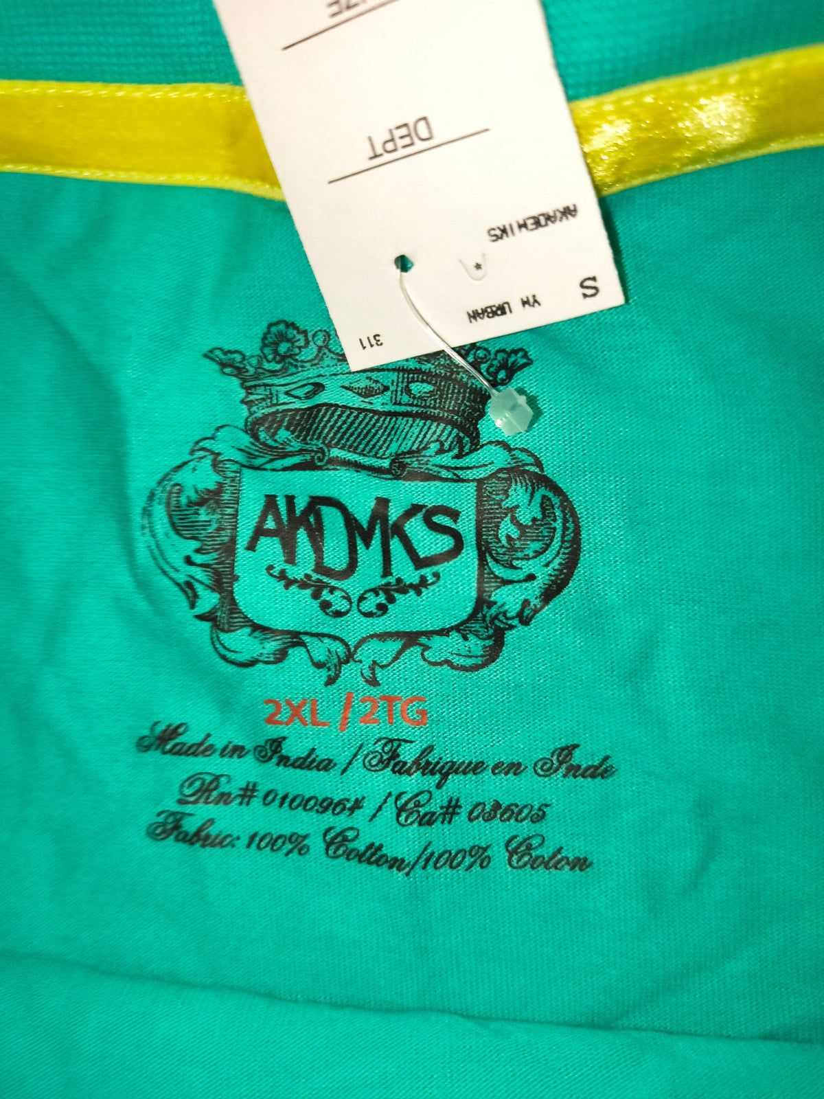 Awsum Thrift Akademiks teal cotton t-shirt interior neck label with size 2XL and brand logo details