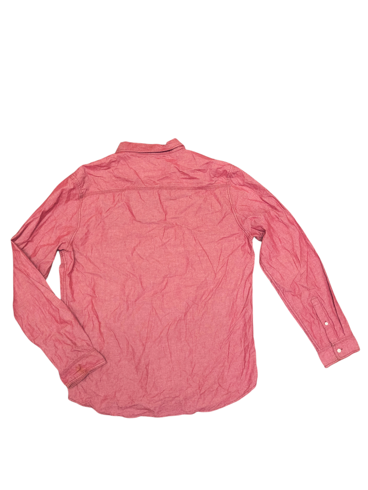 Back view of a red Aeropostale button up long sleeve shirt from Awsum Thrift featuring a classic collar