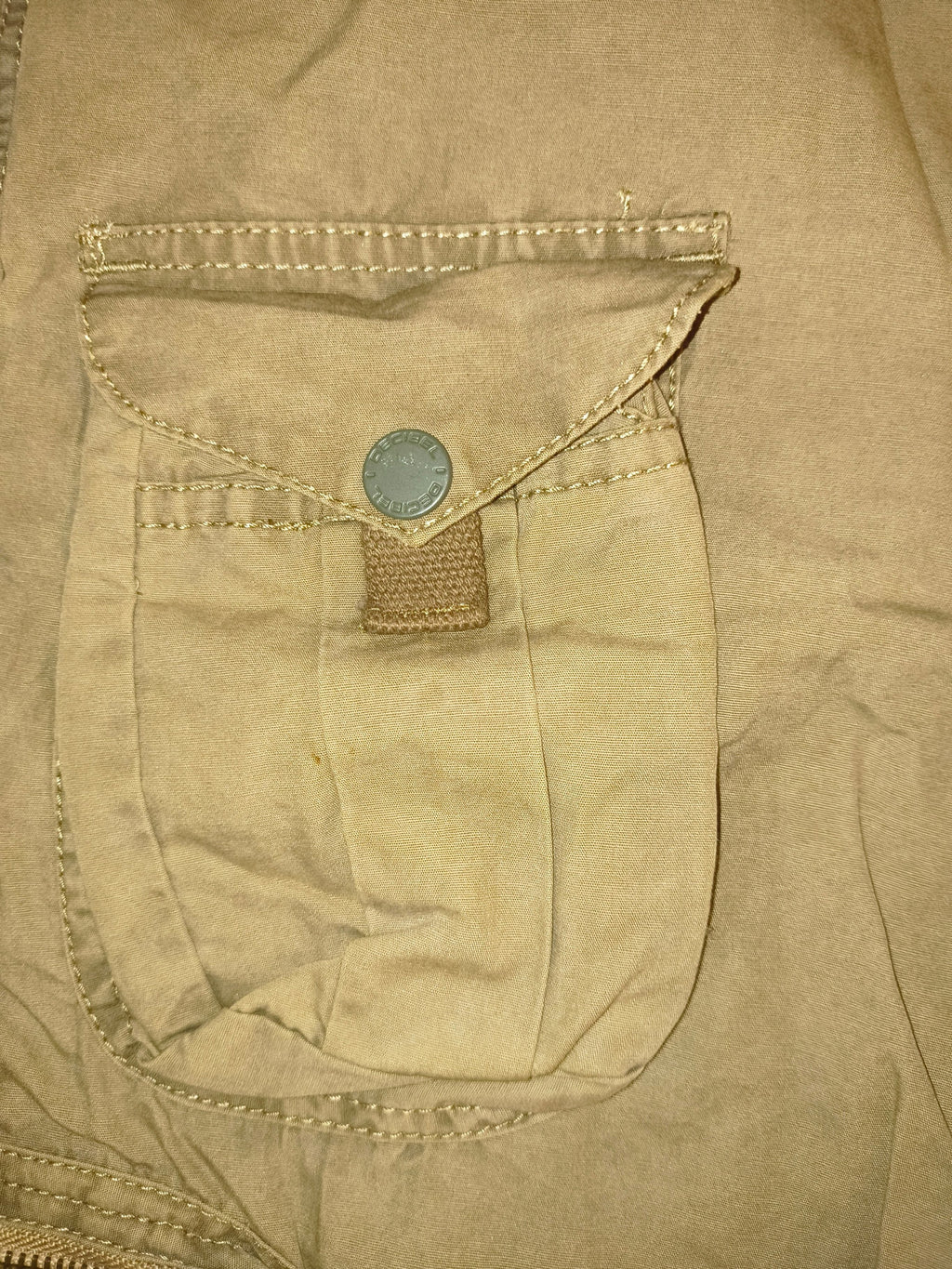Awsum Thrift Decibel khaki tan cotton canvas tactical cargo pants pocket with snap button flap detail