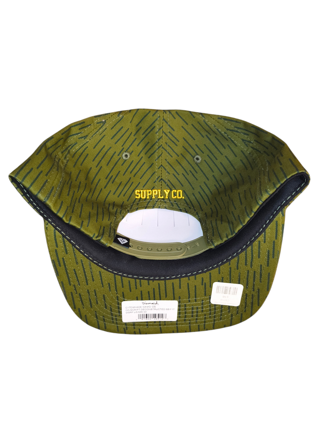 Awsum Thrift Diamond Supply Co. rain camo snapback hat with yellow back embroidery and olive green plastic closure