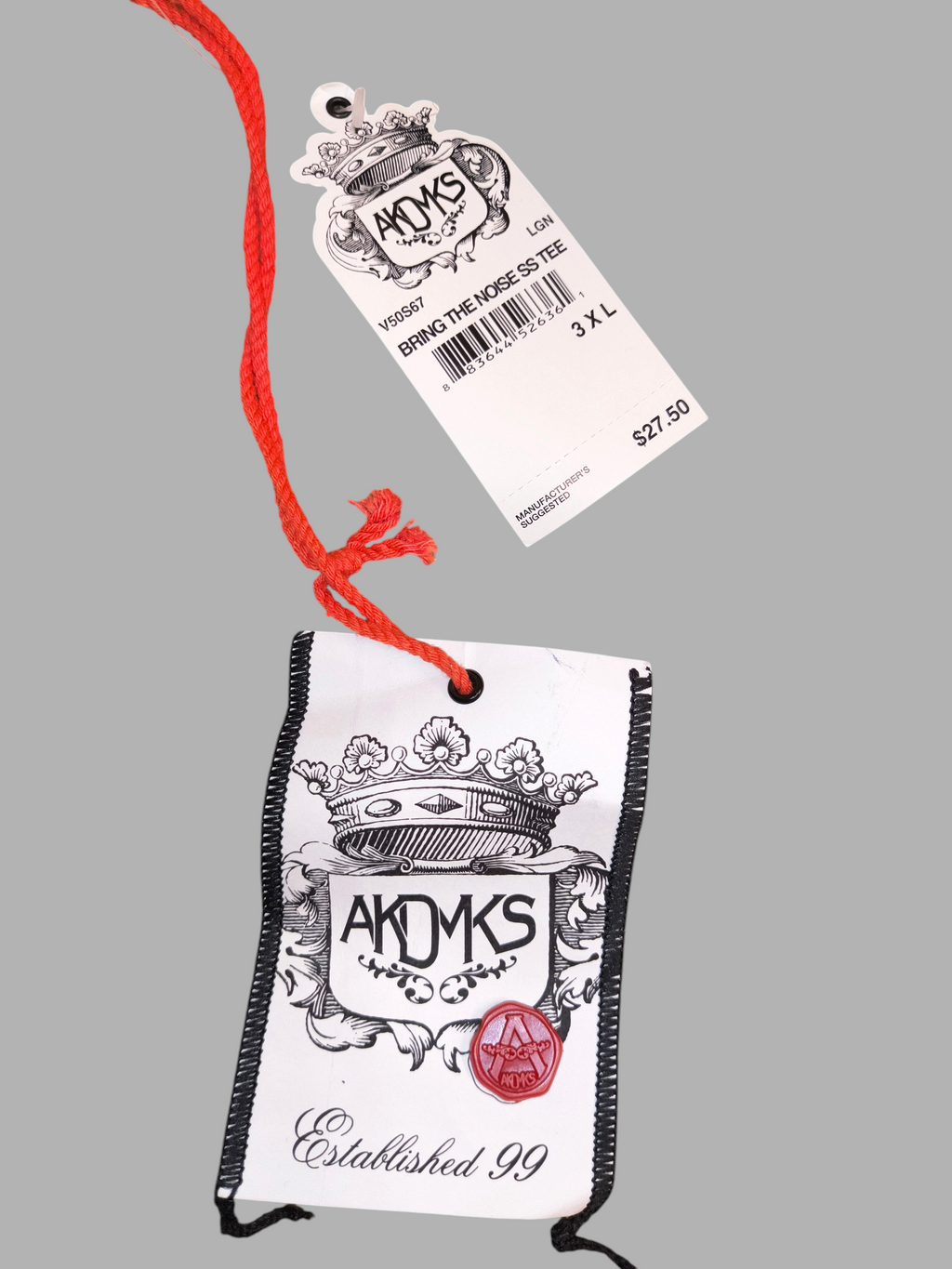 Awsum Thrift Akademiks brand tag and price tag for a 3XL Bring The Noise graphic t-shirt with crown logo