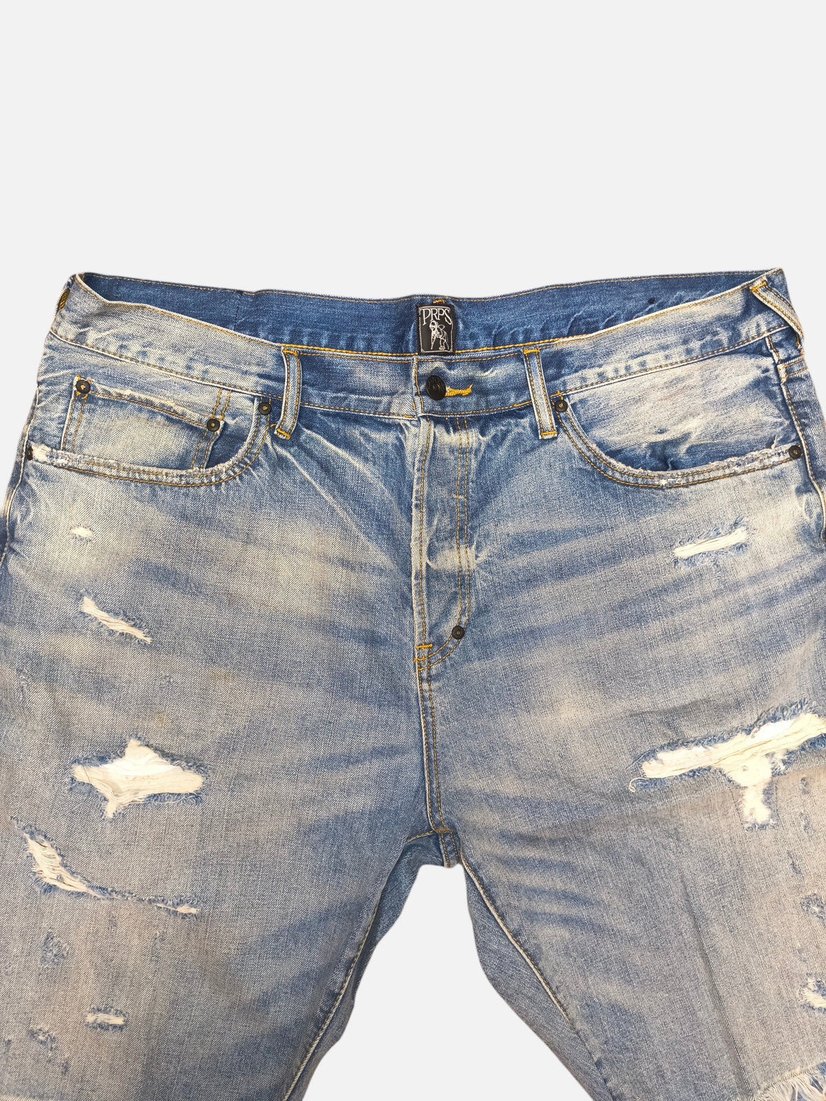 Awsum Thrift PRPS blue denim shorts featuring a distressed, ripped finish and classic five-pocket design.