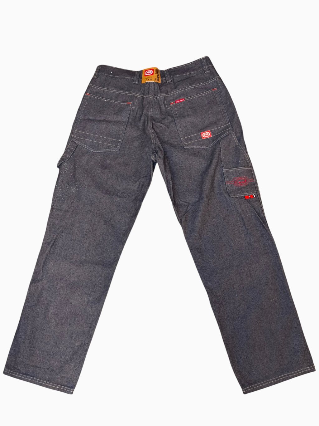 Awsum Thrift vintage Marc Ecko dark indigo denim carpenter jeans with red contrast stitching and embroidered logo