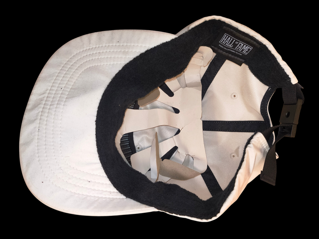 Awsum Thrift Hall of Fame white strapback hat interior view showing black terry cloth sweatband and nylon strap