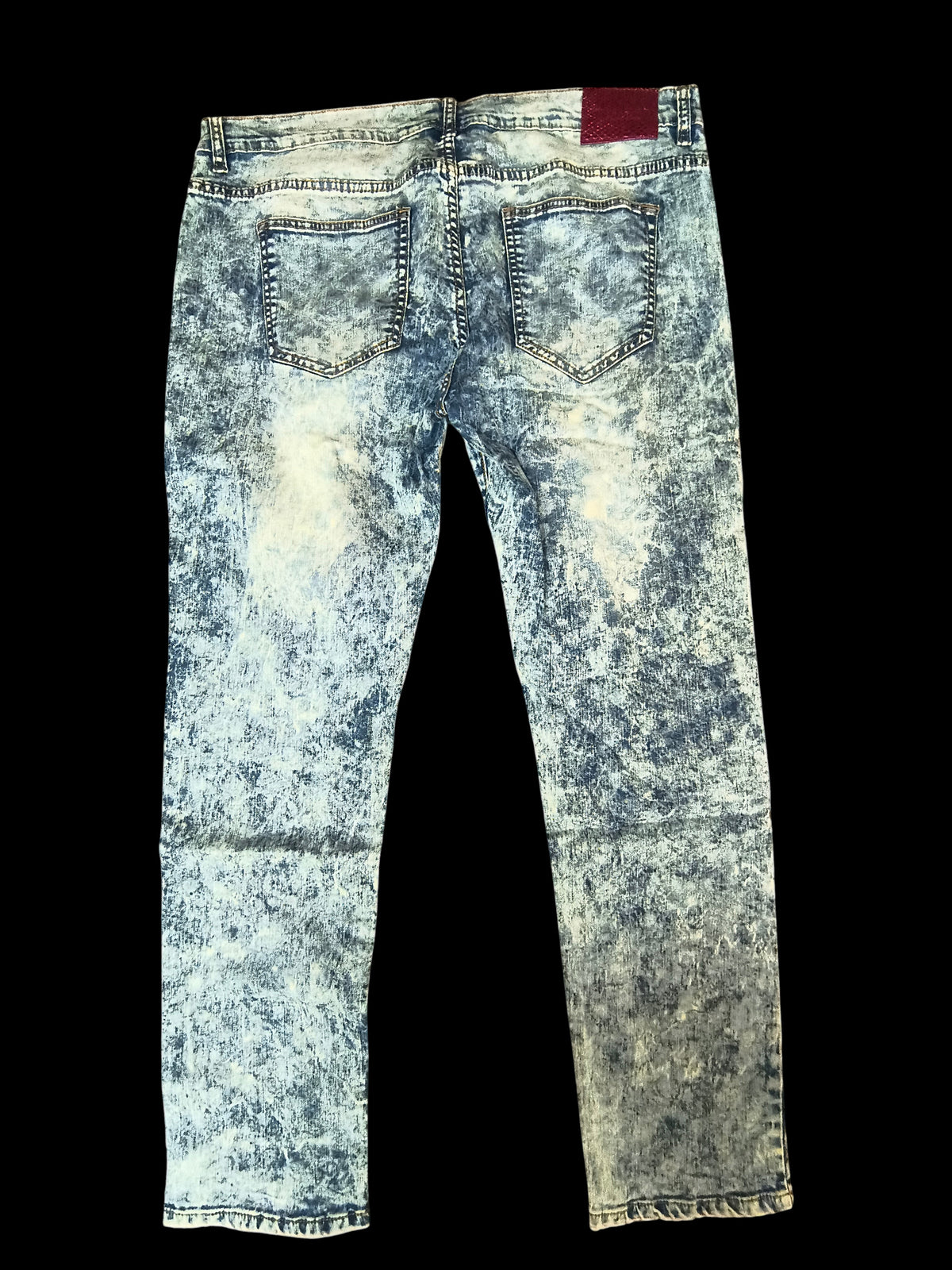 Awsum Thrift Scout Denim men's slim jeans in light ice-blue acid wash with a red snakeskin-embossed back patch.