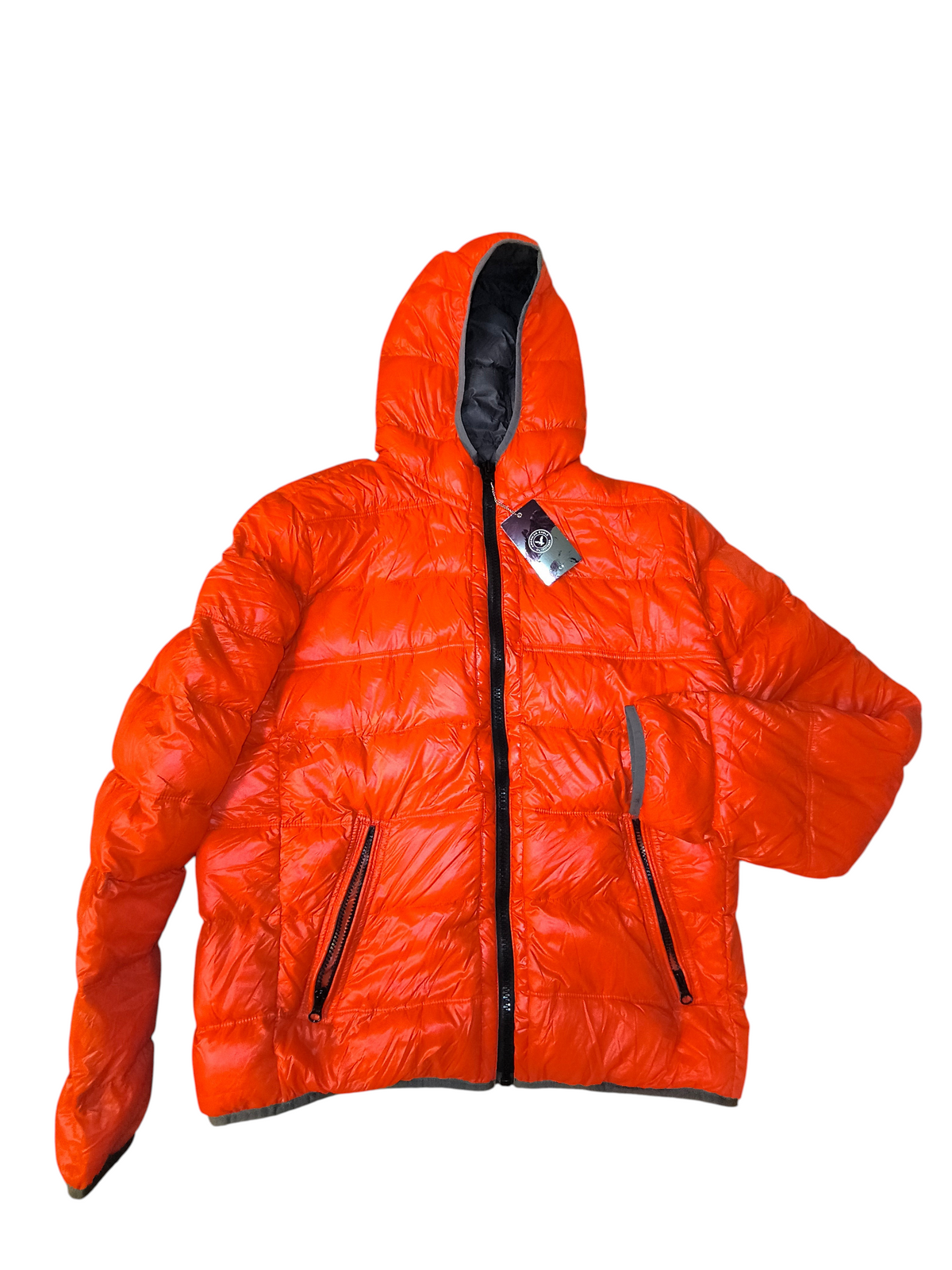 Awsum Thrift American Eagle Outfitters neon orange hooded puffer jacket with down fill and zipper pockets