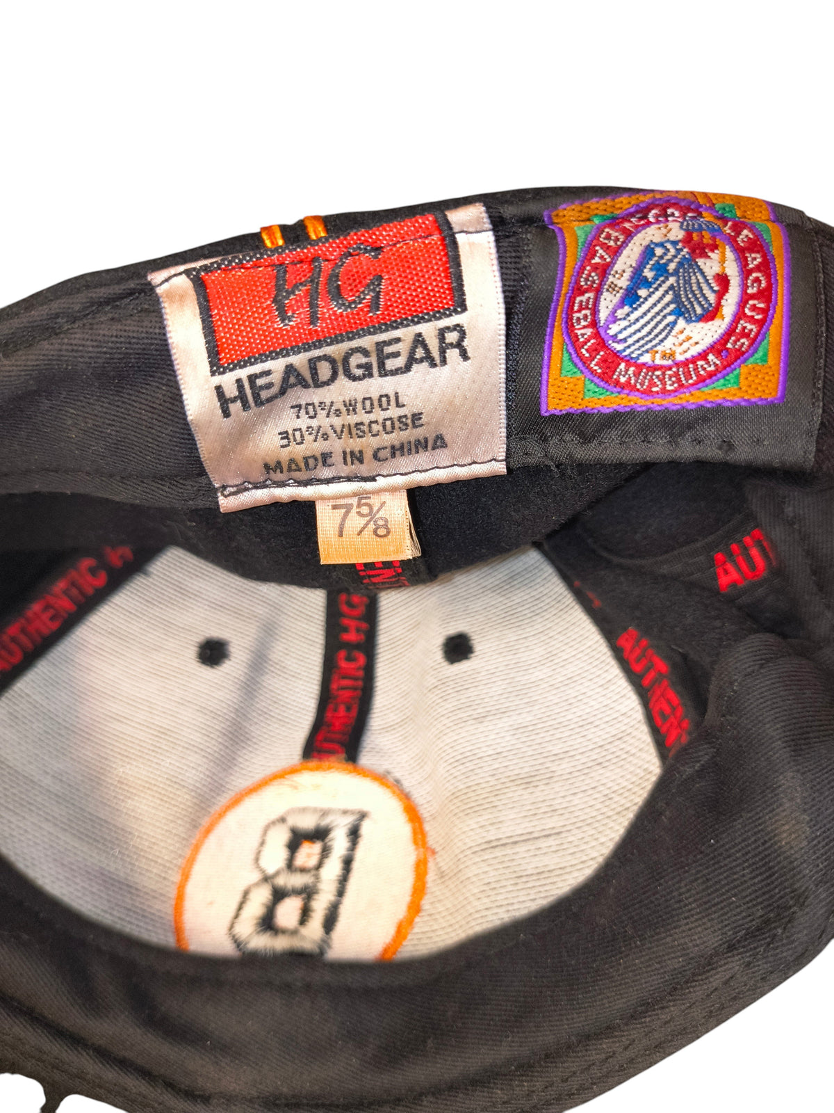 Awsum Thrift vintage HG Headgear Baltimore Black Sox fitted hat interior showing size 7 5/8 tag and museum patch.