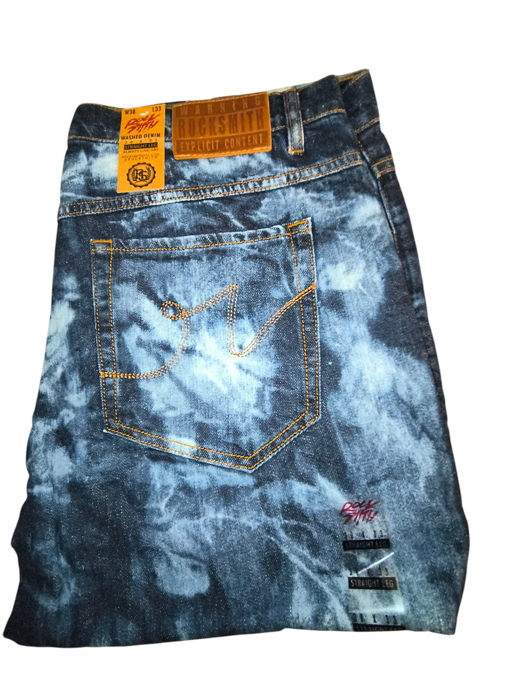 Awsum Thrift Rocksmith NYC straight leg jeans featuring a dark indigo and bleached tie-dye cloud wash effect.