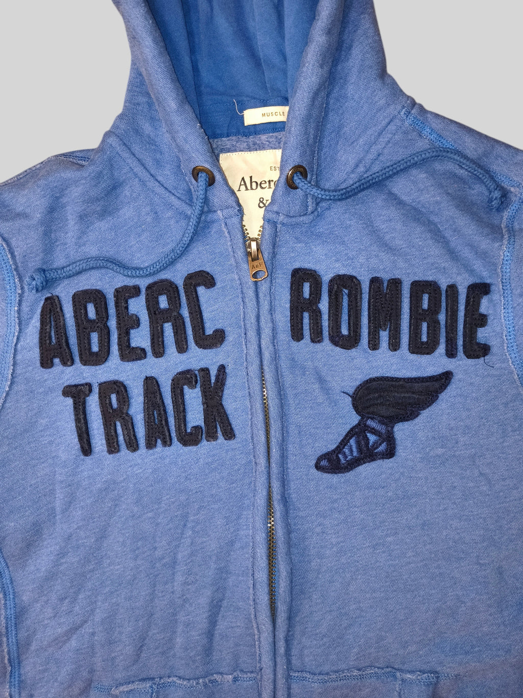 Awsum Thrift vintage Abercrombie & Fitch heather blue full-zip hoodie with felt appliqué and winged shoe embroidery.