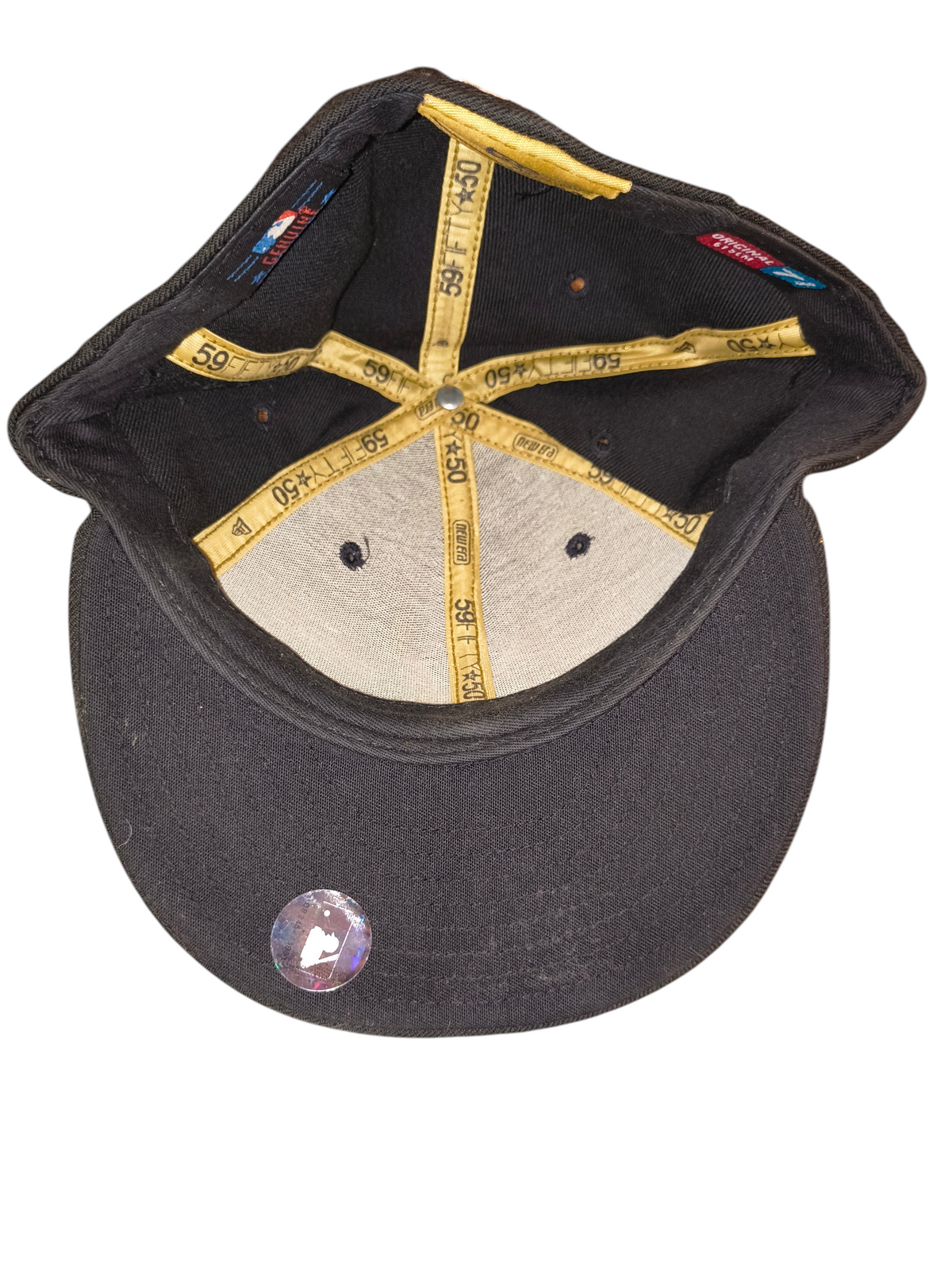 Awsum Thrift New Era 59FIFTY New York Yankees 50th Anniversary fitted hat interior view showing branded taping