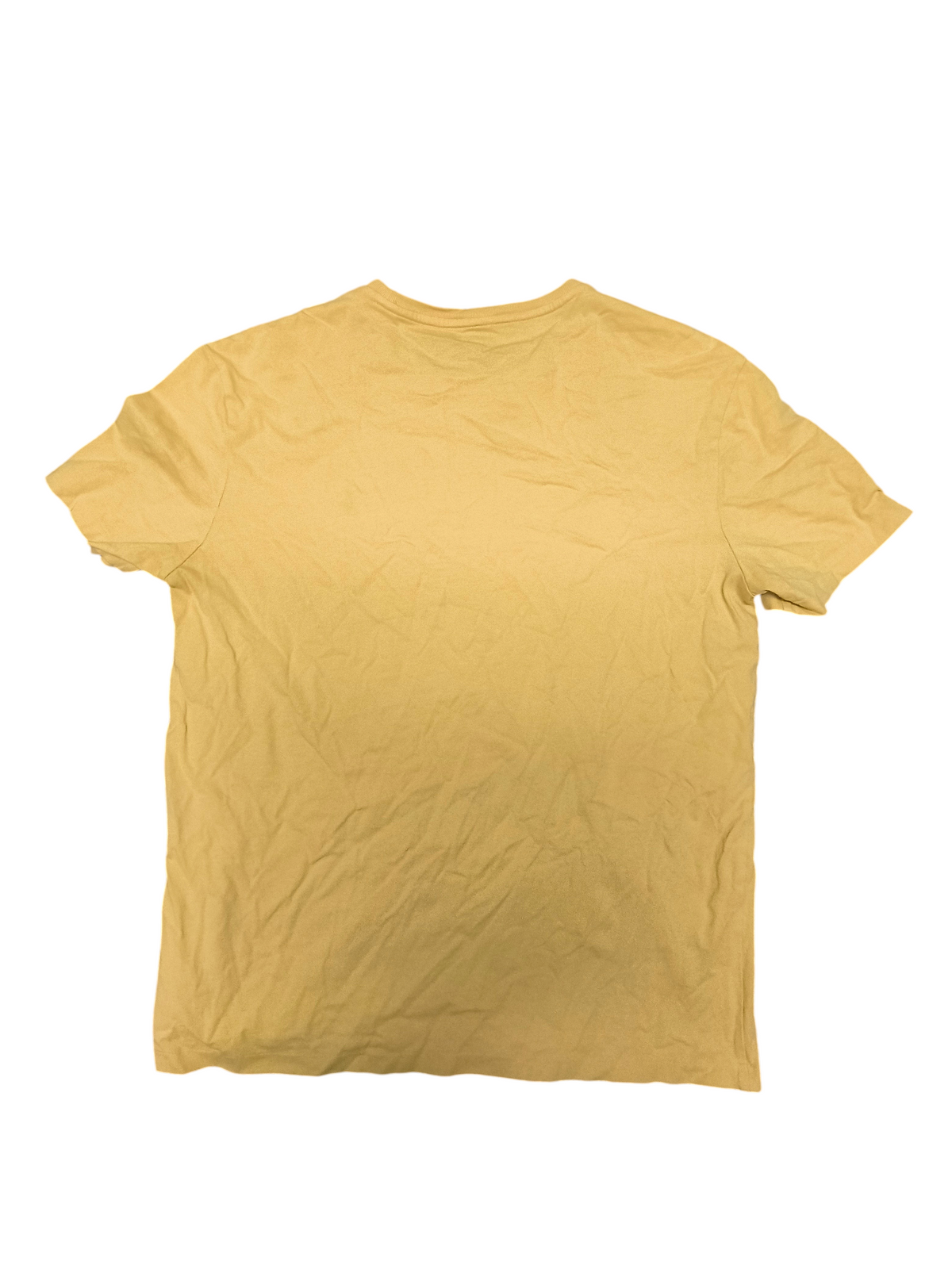Back view of a plain mustard yellow Awsum Thrift cotton t-shirt with short sleeves