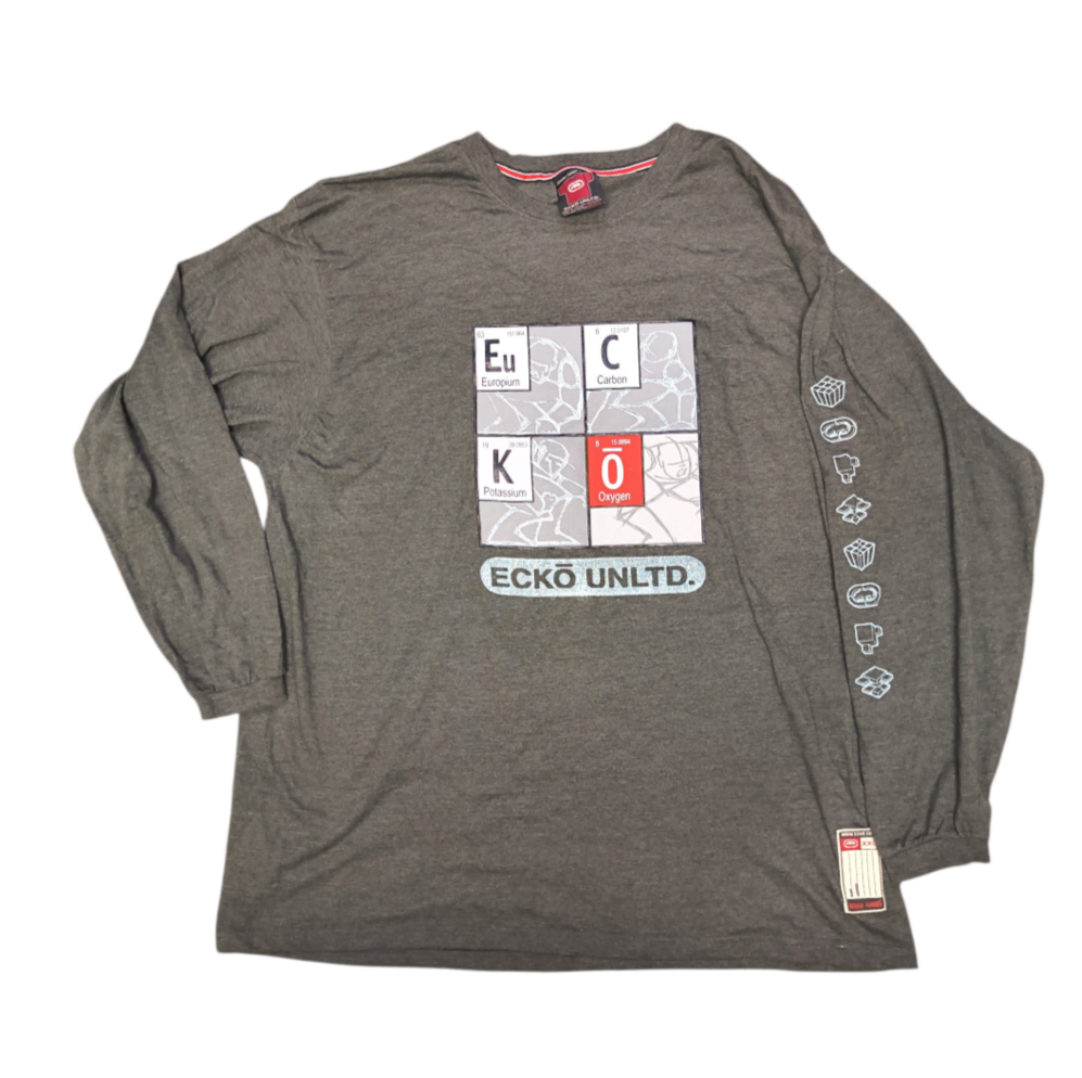 Awsum Thrift Ecko Unltd heather gray long sleeve shirt with periodic table graphic and sleeve prints in size XXL
