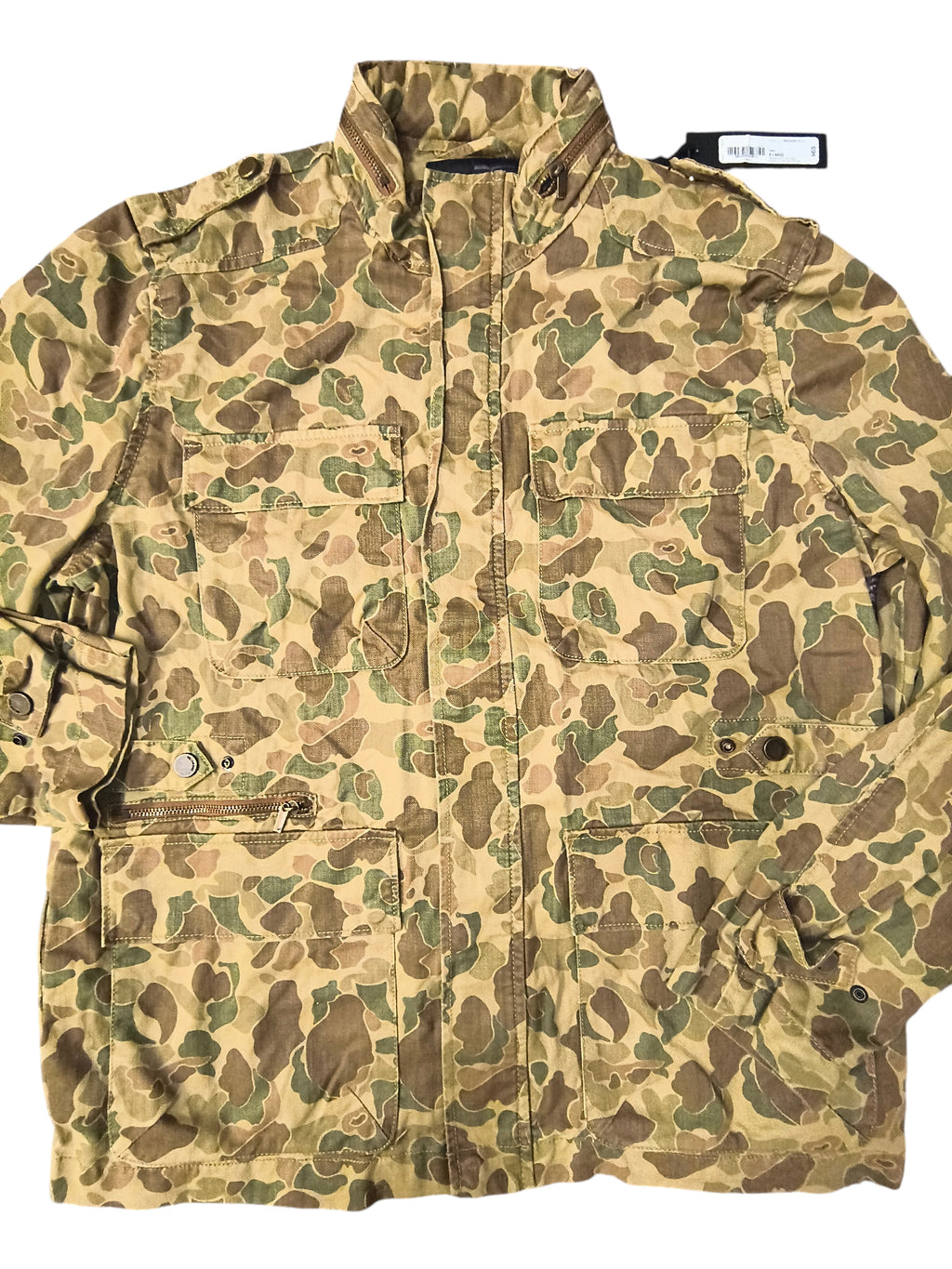 Awsum Thrift William Rast duck hunter camo military field jacket with utility pockets and stand-up collar