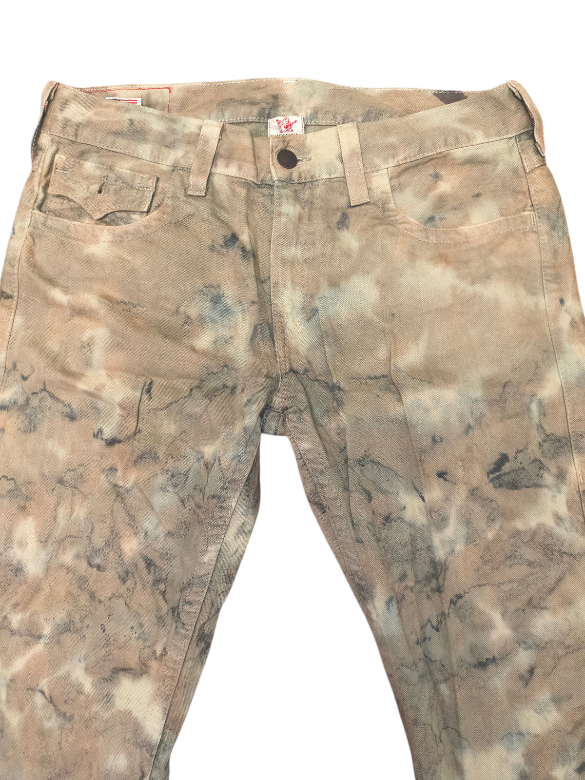 Awsum Thrift True Religion camo jeans in a tan and grey tie-dye wash with classic five-pocket styling