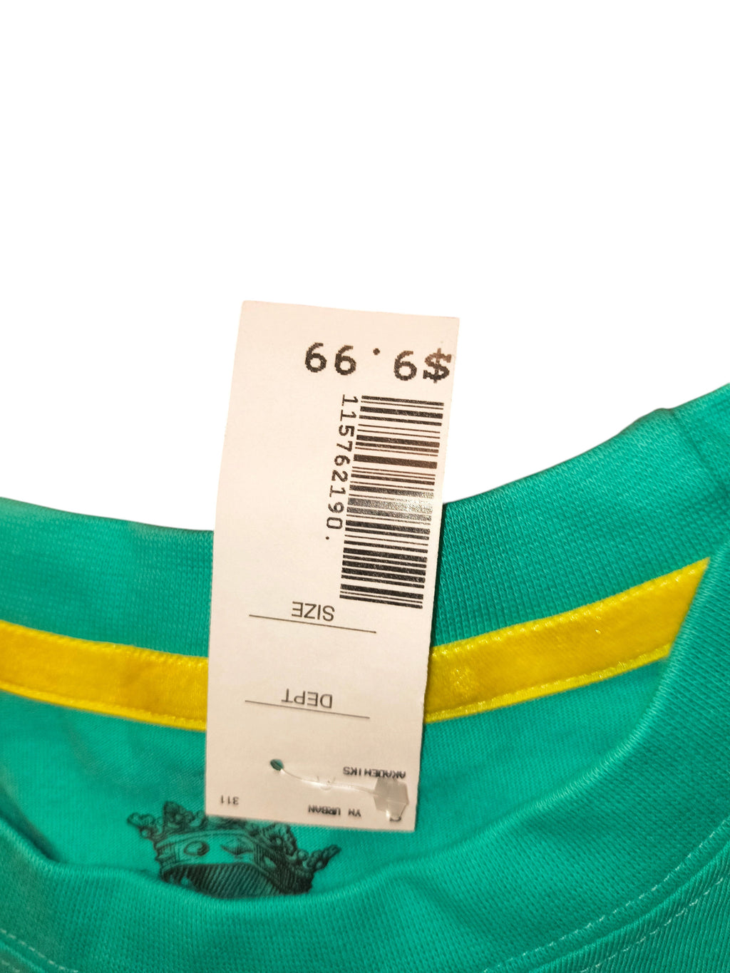 Awsum Thrift Akademiks teal cotton t-shirt collar with original department store price tag and barcode