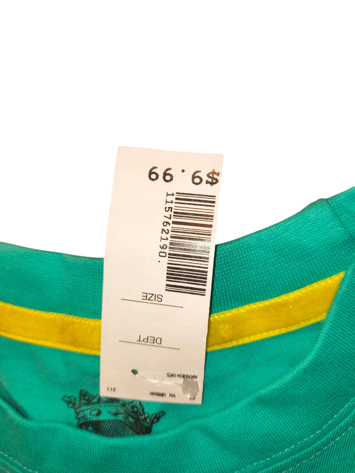 Awsum Thrift Akademiks teal cotton t-shirt collar with original department store price tag and barcode