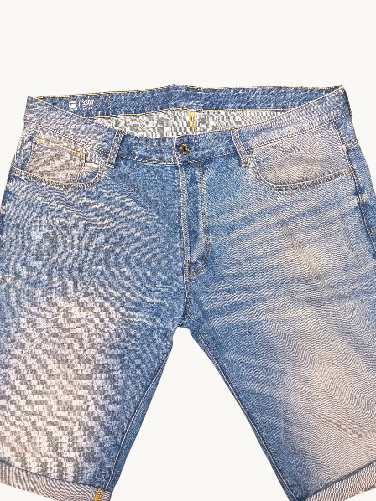 Awsum Thrift G-Raw blue denim jean shorts with a faded wash and classic five-pocket design