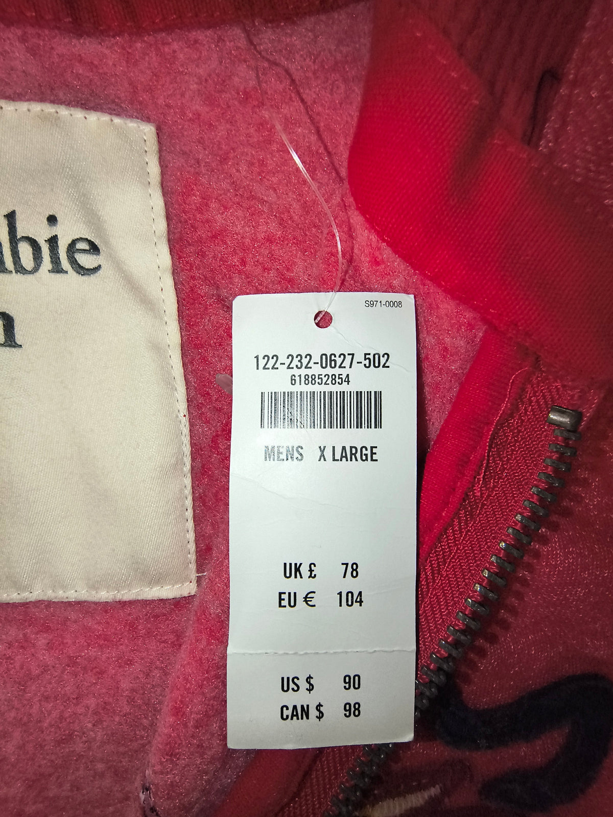 Awsum Thrift Abercrombie & Fitch vintage hoodie original retail price tag showing size XL and pricing in multiple currencies