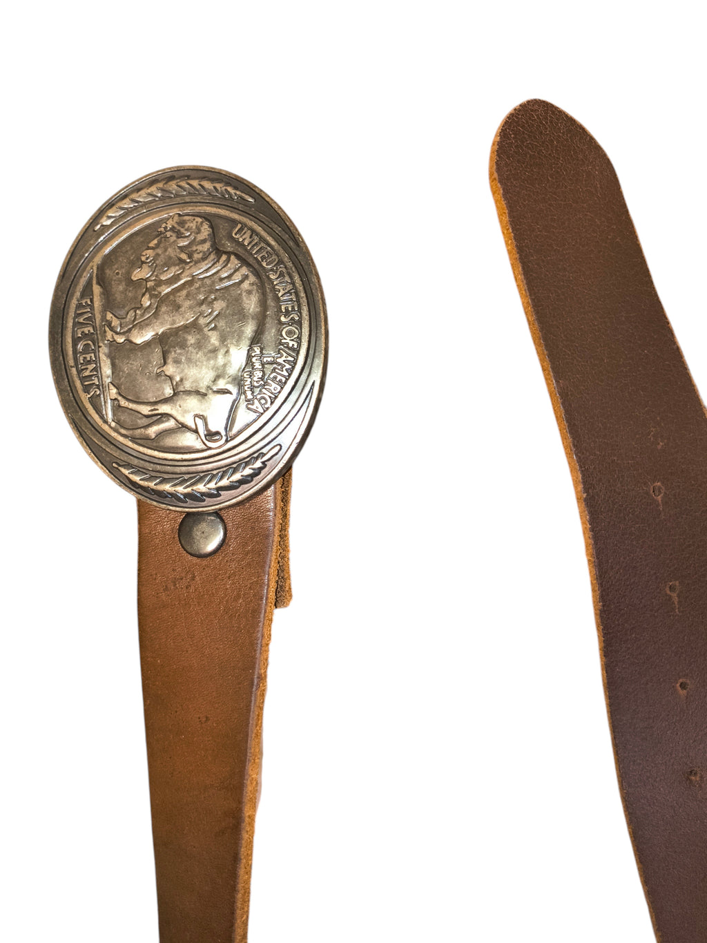 Awsum Thrift vintage Eddie Bauer dark brown Italian leather belt with antiqued silver Buffalo Nickel coin buckle