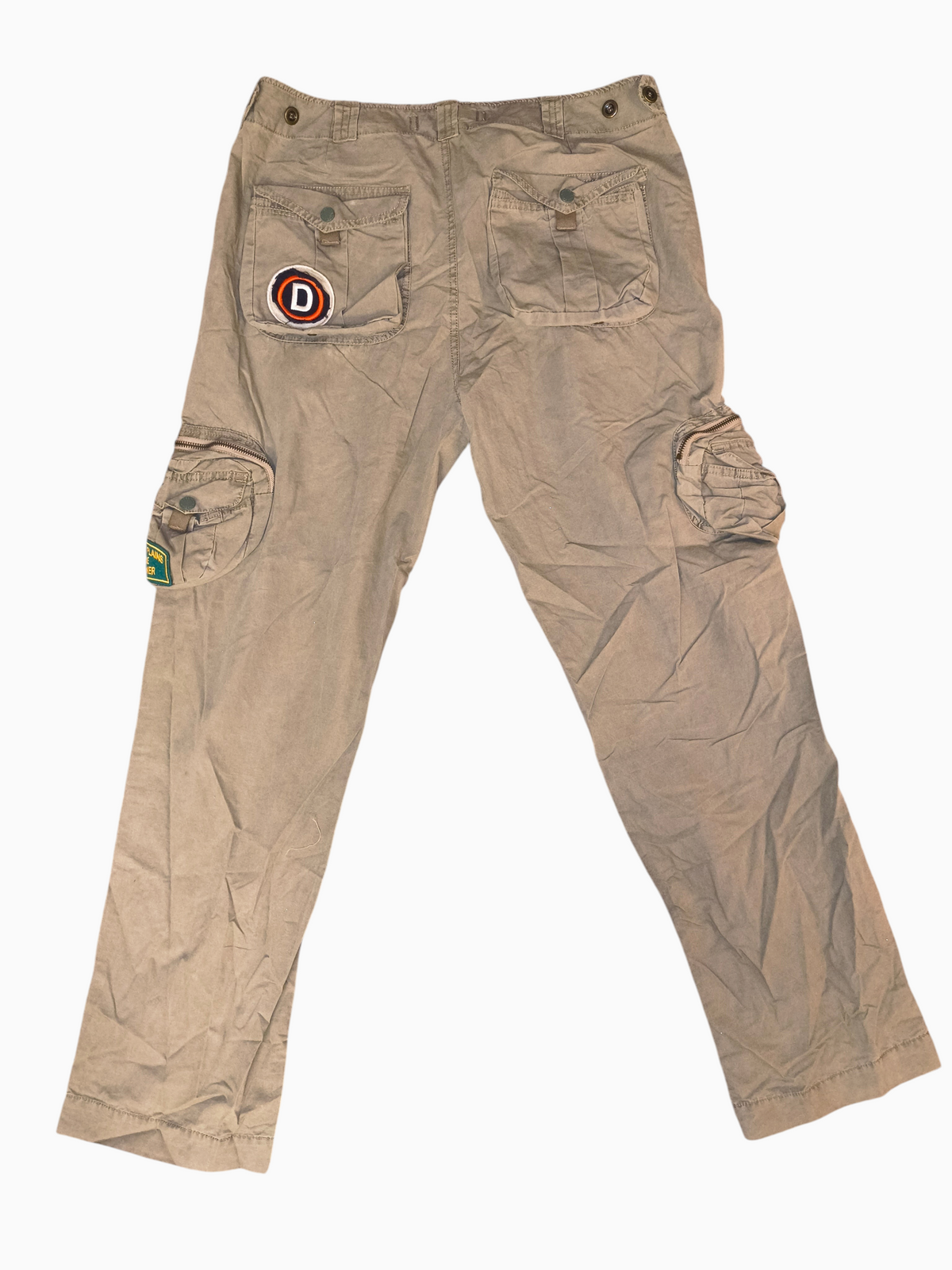 Awsum Thrift Decibel khaki tan cotton canvas tactical cargo pants with embroidered patches and utility pockets
