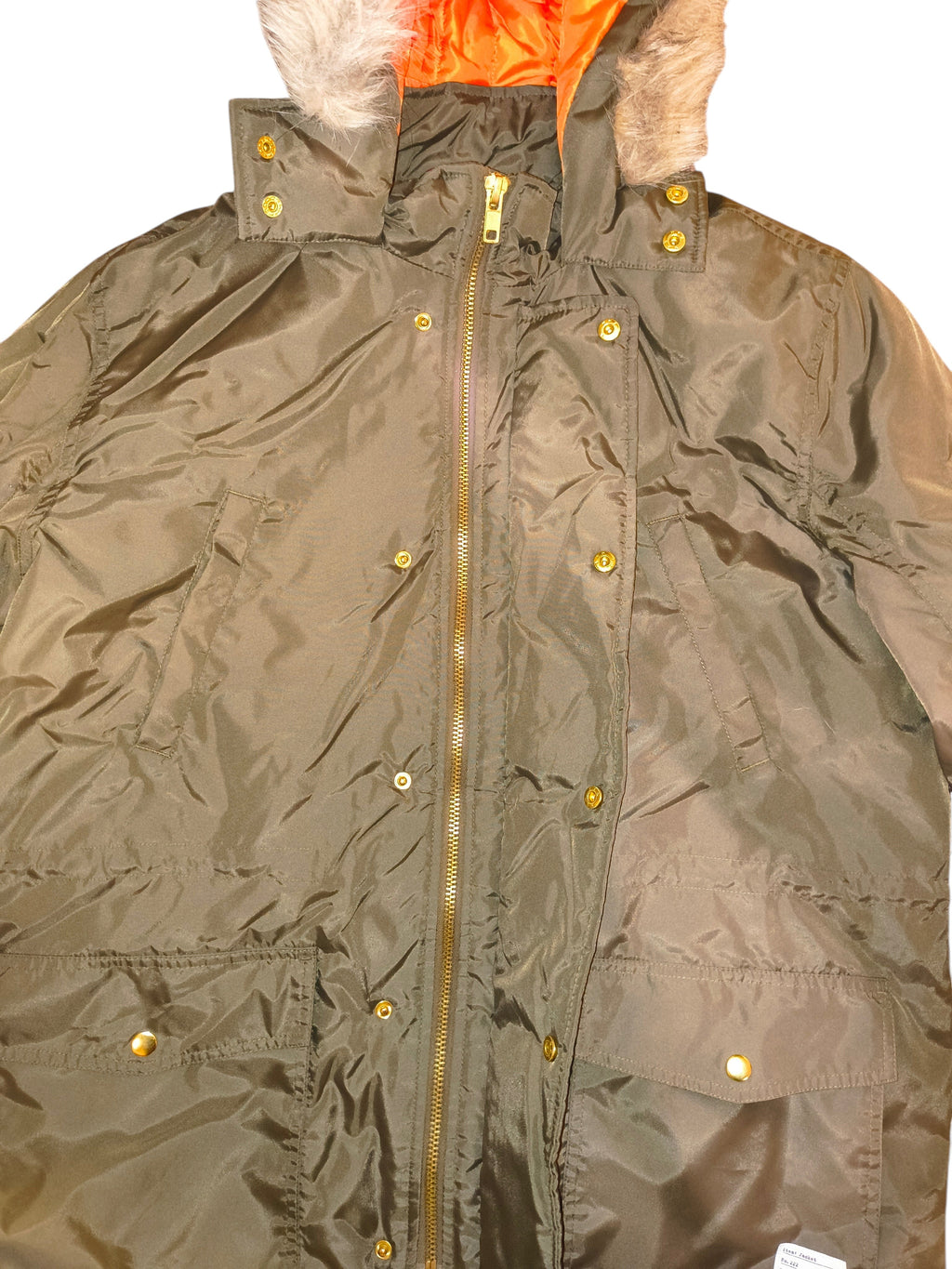 Awsum Thrift Adam Levine green parka coat with gold hardware, zipper closure, and faux fur trim hood