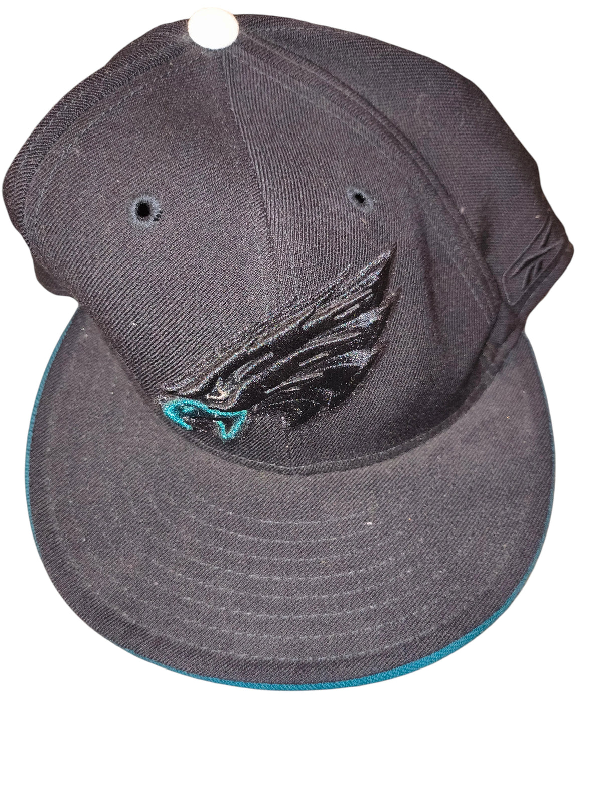 Awsum Thrift vintage Reebok Philadelphia Eagles black fitted hat with tonal logo and teal under-brim