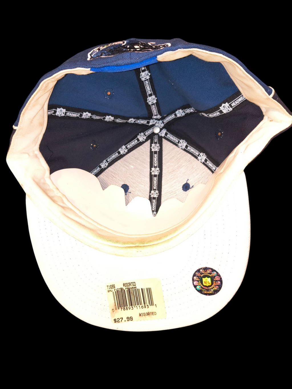 Awsum Thrift vintage Reebok Seattle Seahawks NFL fitted hat interior showing size 7 7/8 tag and holographic sticker