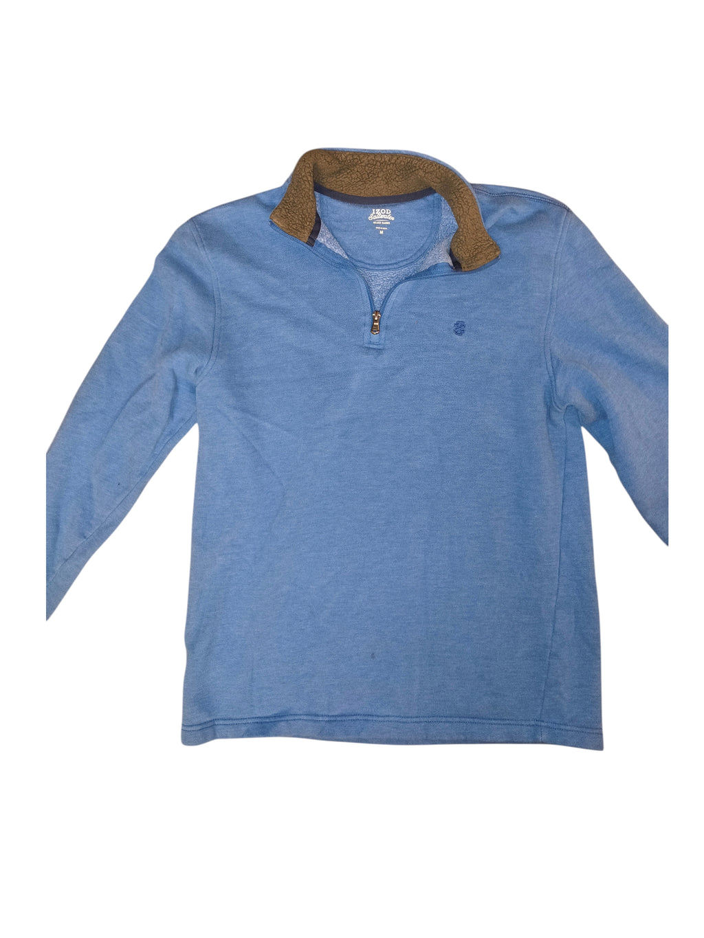 Awsum Thrift IZOD light blue heather 1/4 zip pullover with an olive green sherpa fleece lined collar