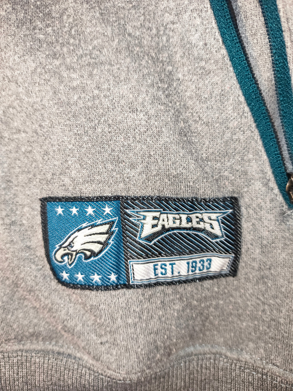Awsum Thrift Philadelphia Eagles heather gray fleece hoodie with detailed team logo and Est 1933 graphic patch