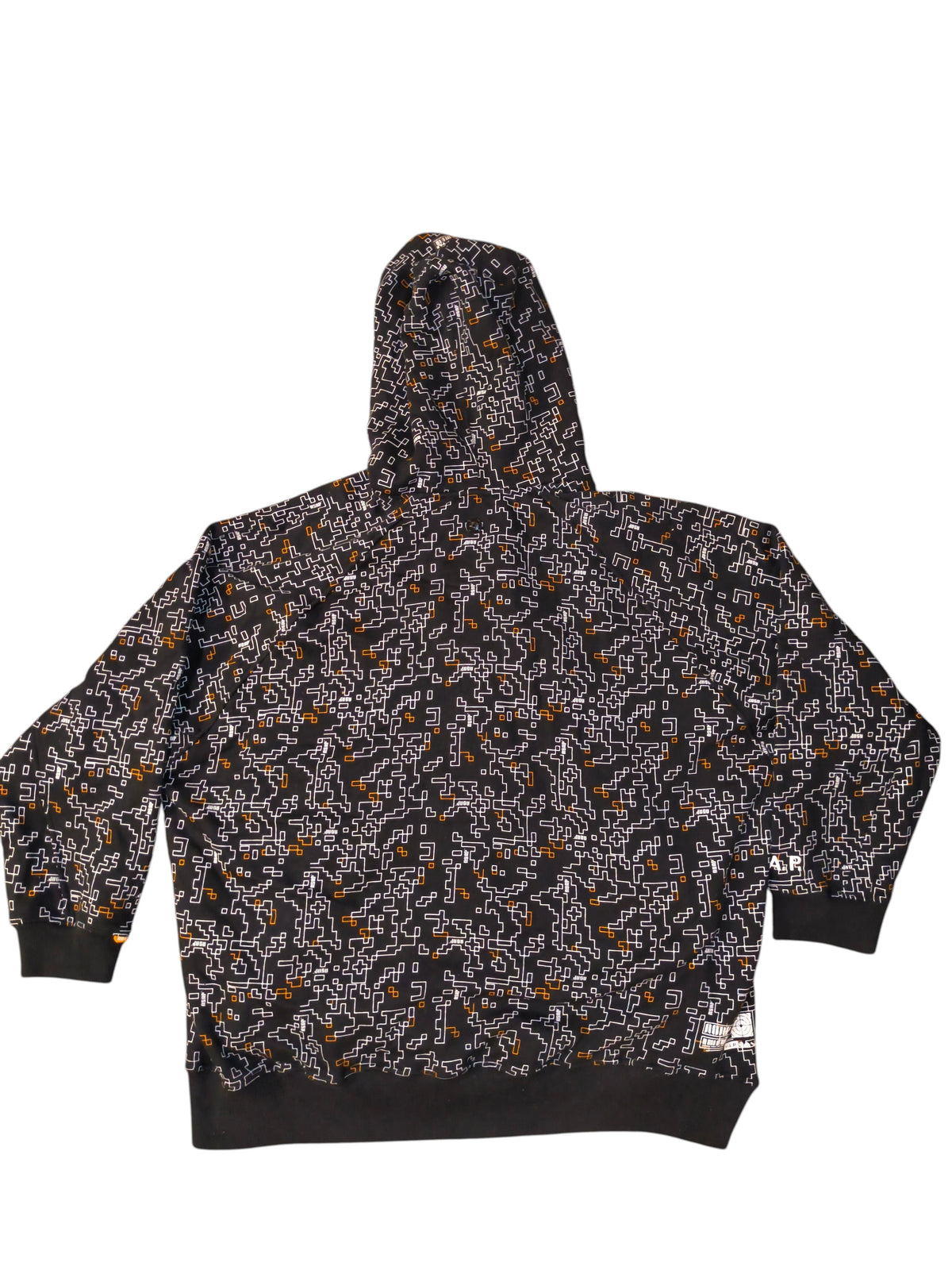 Awsum Thrift vintage Akademiks Y2K black and yellow pixelated maze pattern fleece hoodie, back view.