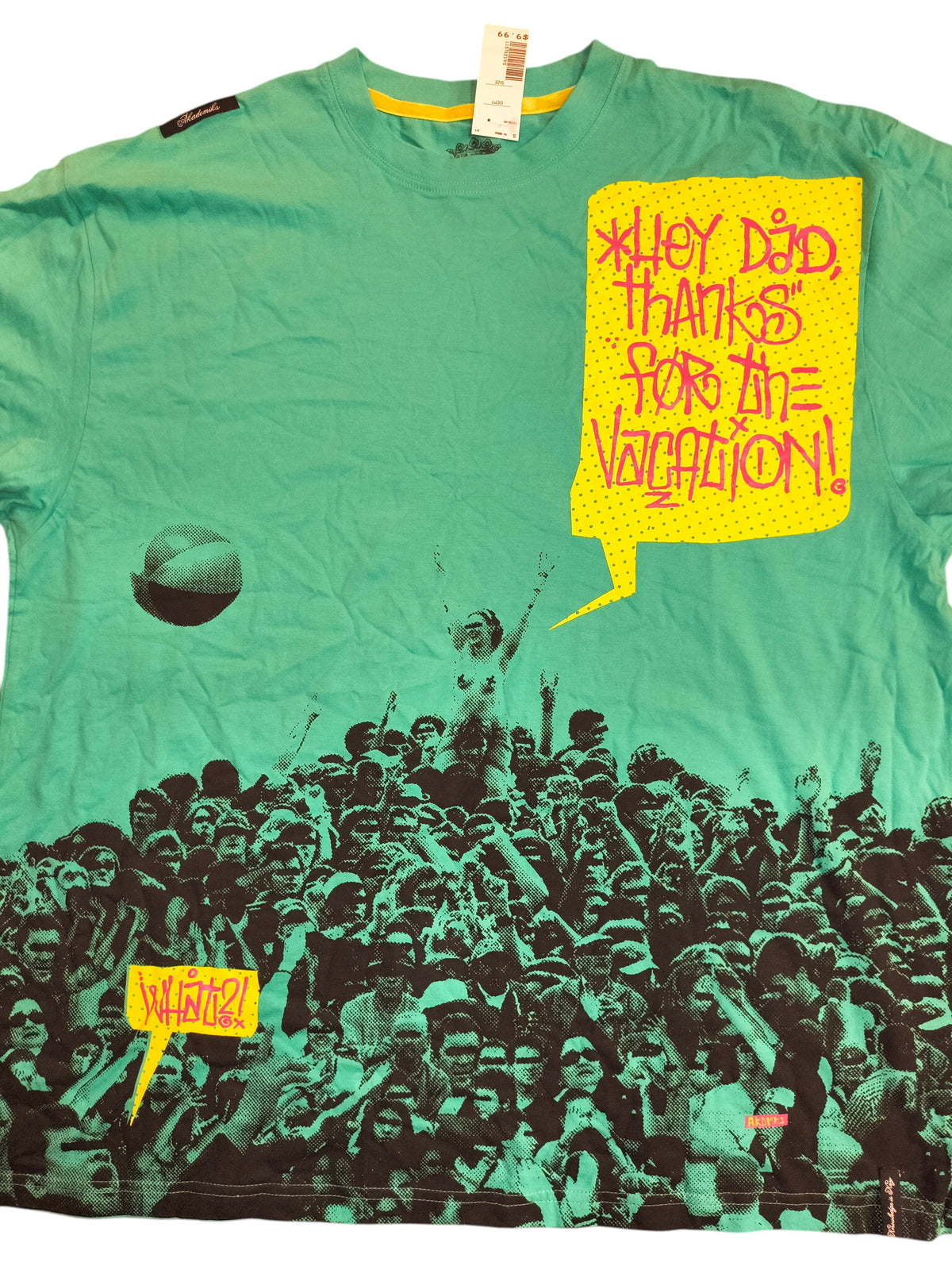 Awsum Thrift Akademiks teal cotton crewneck t-shirt with Y2K crowd-surfing graphic and yellow speech bubble text