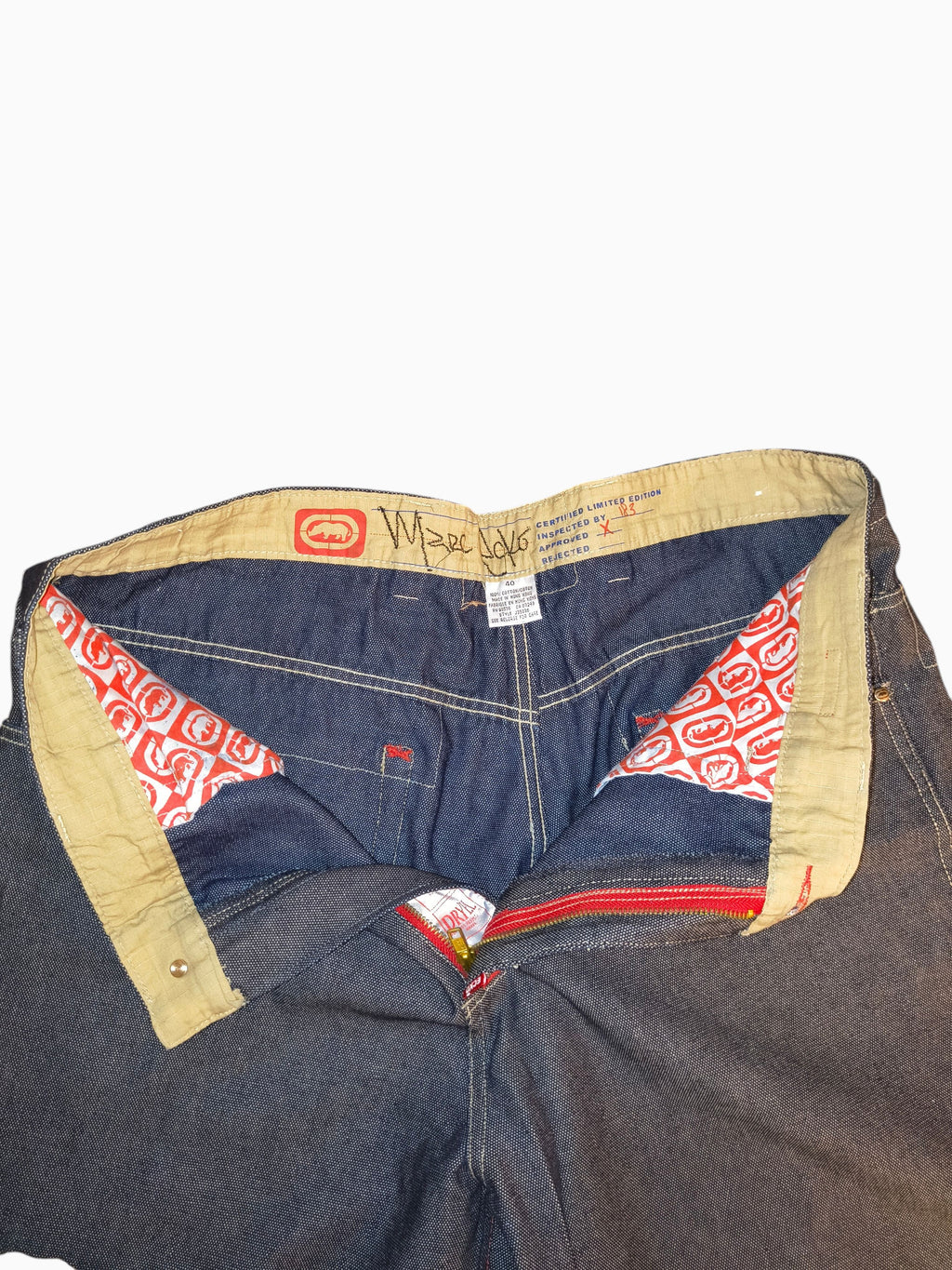 Awsum Thrift vintage Marc Ecko limited edition dark indigo denim jeans with red rhino logo lining and contrast stitching