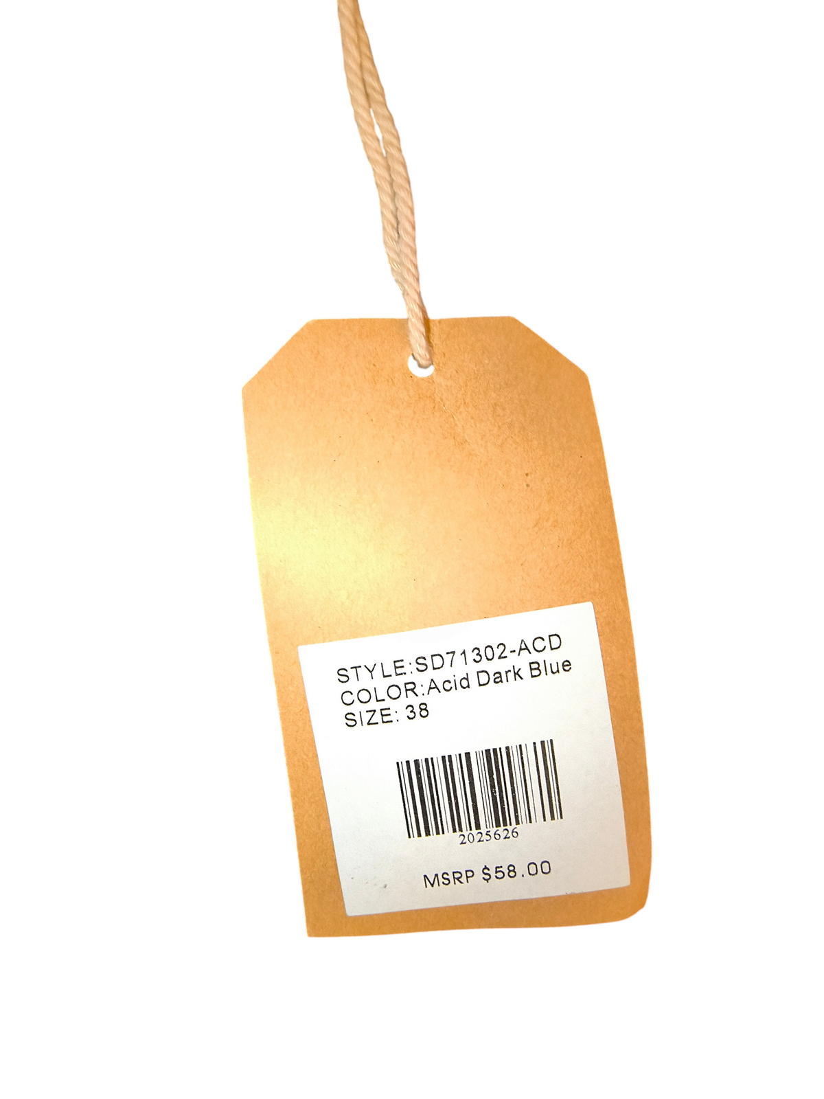 Awsum Thrift Scout Denim acid dark blue jeans price tag with barcode and MSRP 58 dollars