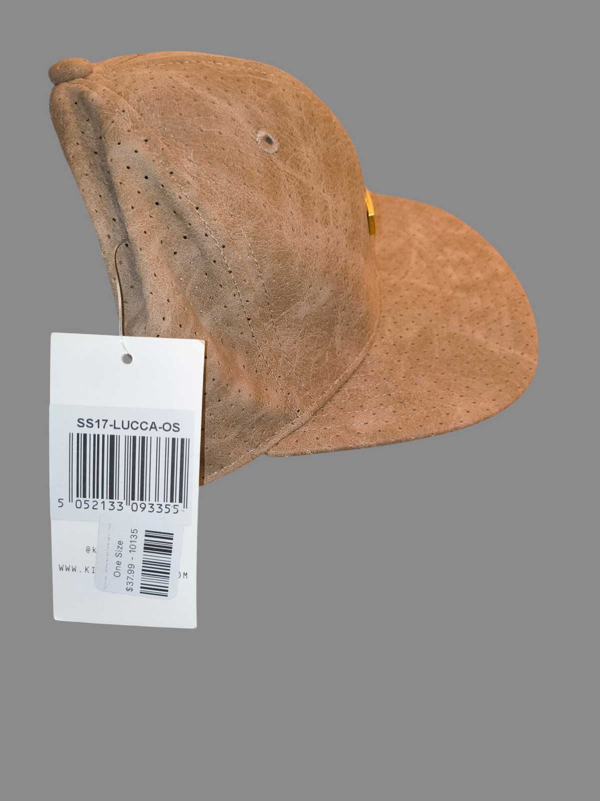 Awsum Thrift King Apparel tan perforated faux-leather snapback hat with a gold metal logo plate and original tags.