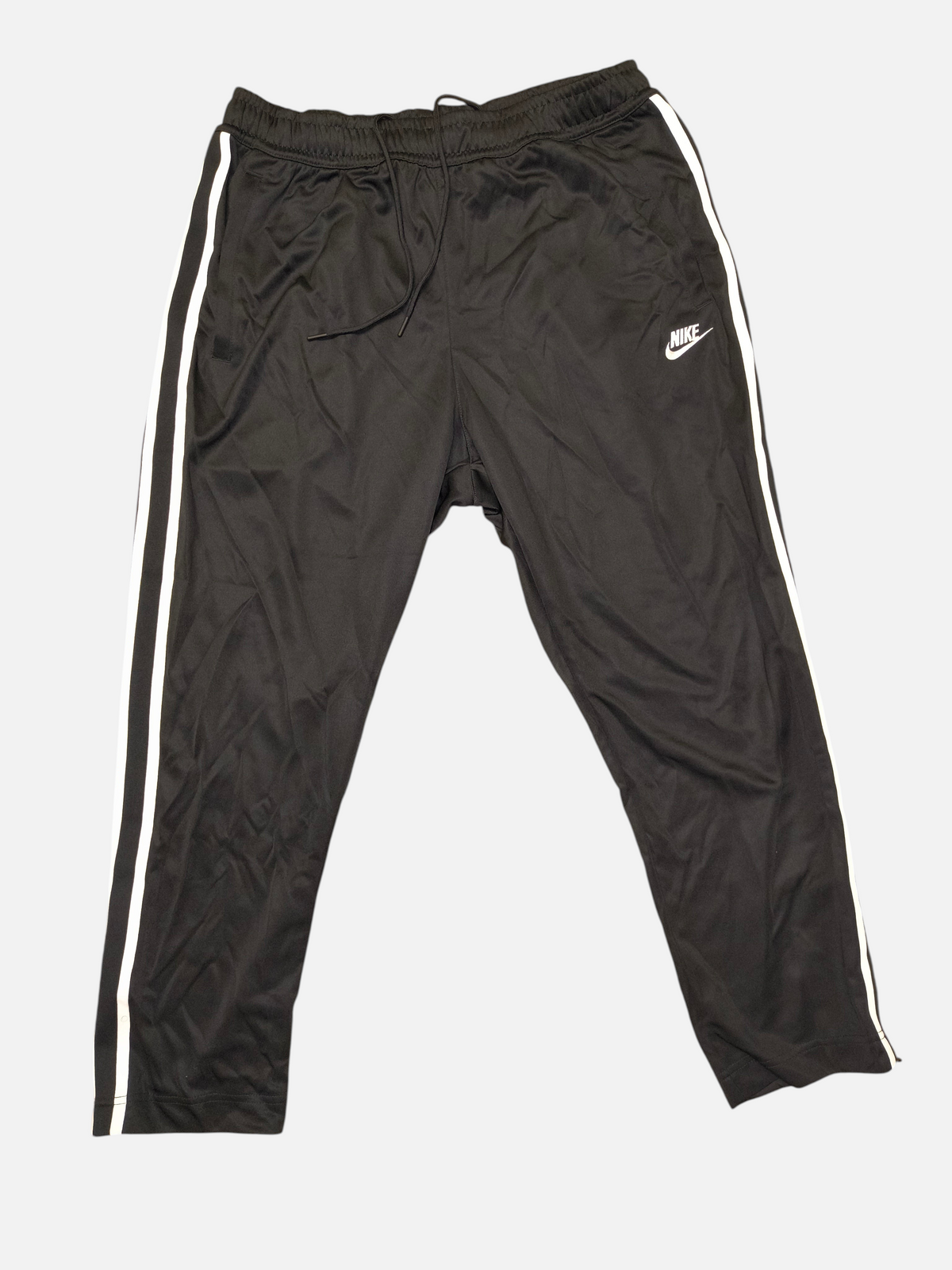 Awsum Thrift black Nike pants with white side stripes and an elastic drawstring waistband