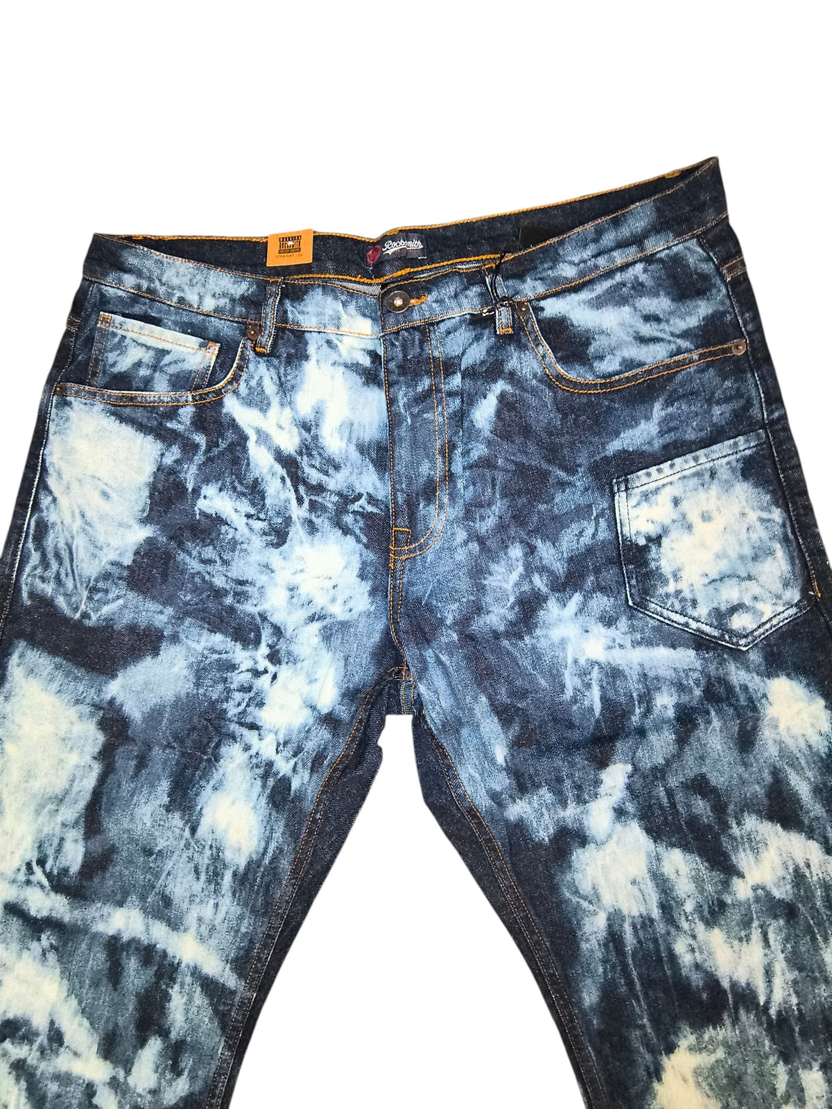 Awsum Thrift Rocksmith NYC straight leg jeans featuring a dark indigo and white bleached tie-dye cloud wash pattern.
