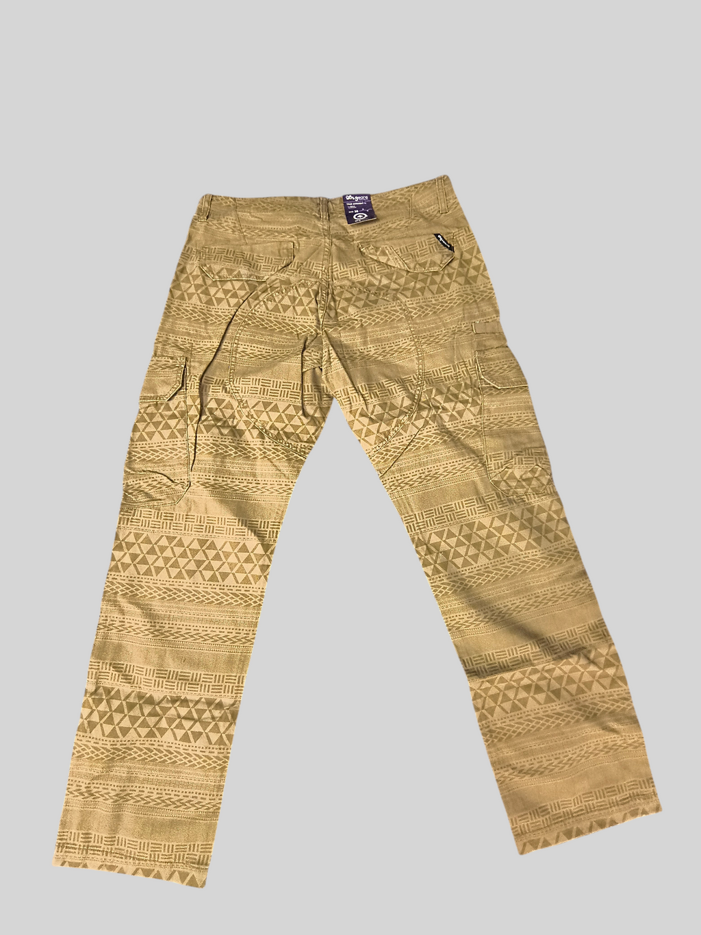 Awsum Thrift LRG khaki tan cotton canvas cargo pants featuring an all-over southwest Aztec geometric print pattern.