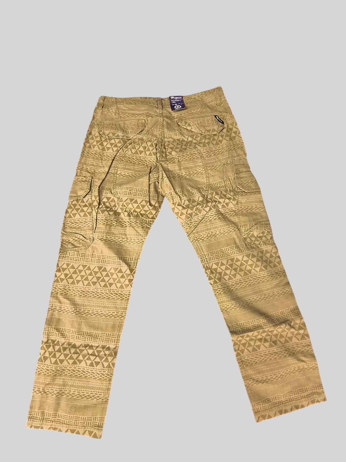 Awsum Thrift LRG khaki tan cotton canvas cargo pants featuring an all-over southwest Aztec geometric print pattern.