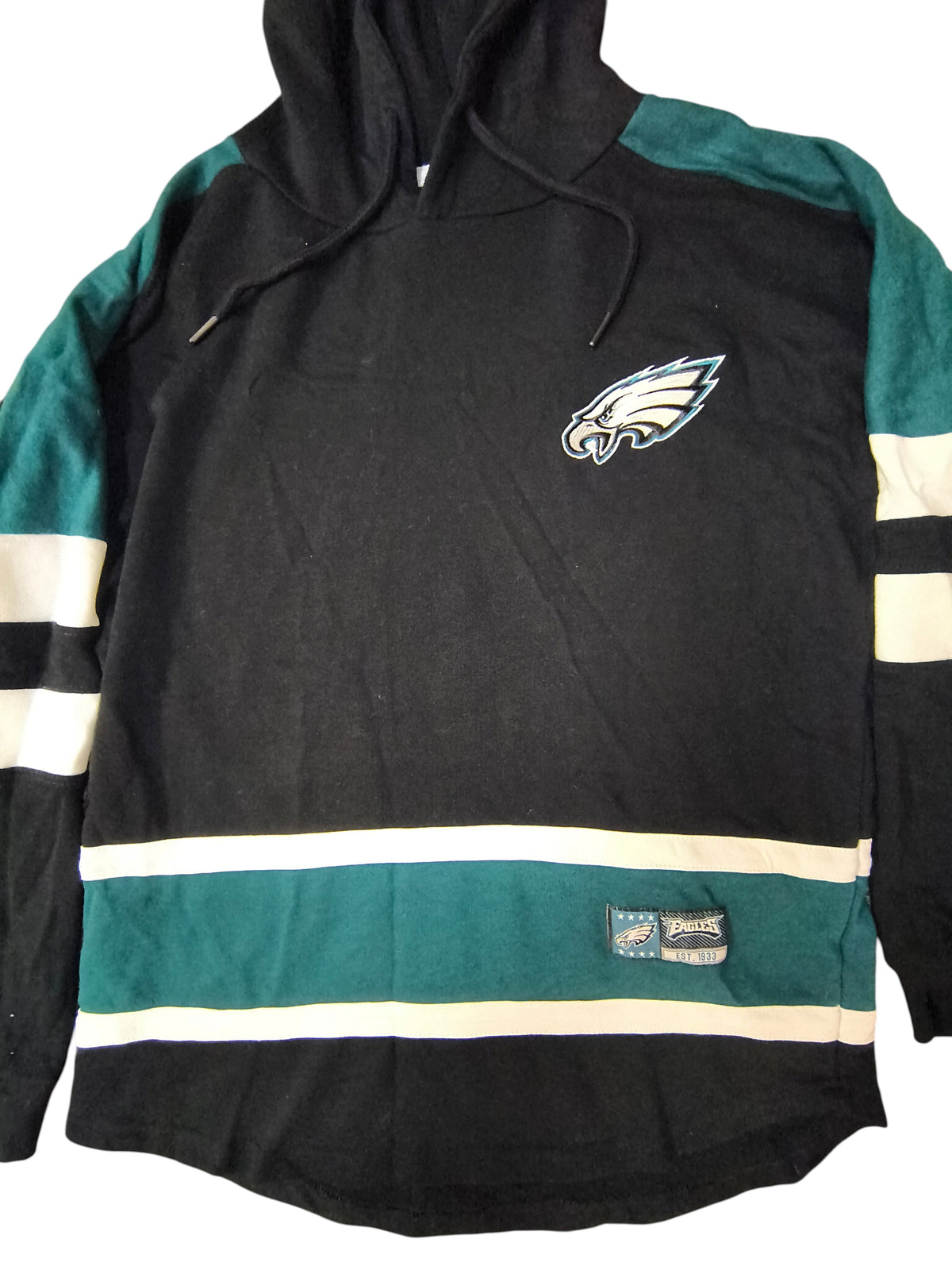 Awsum Thrift Philadelphia Eagles NFL jersey hoodie in black and midnight green with embroidered team logo and stripes