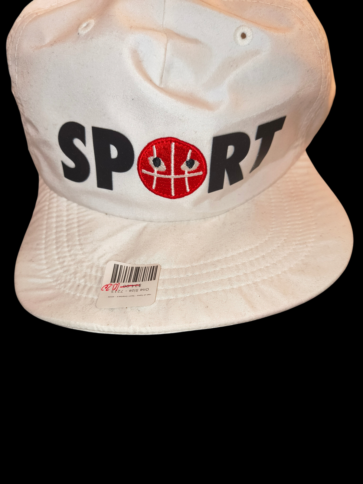 Awsum Thrift white Hall of Fame strapback hat with black SPORT embroidery and red cartoon basketball graphic