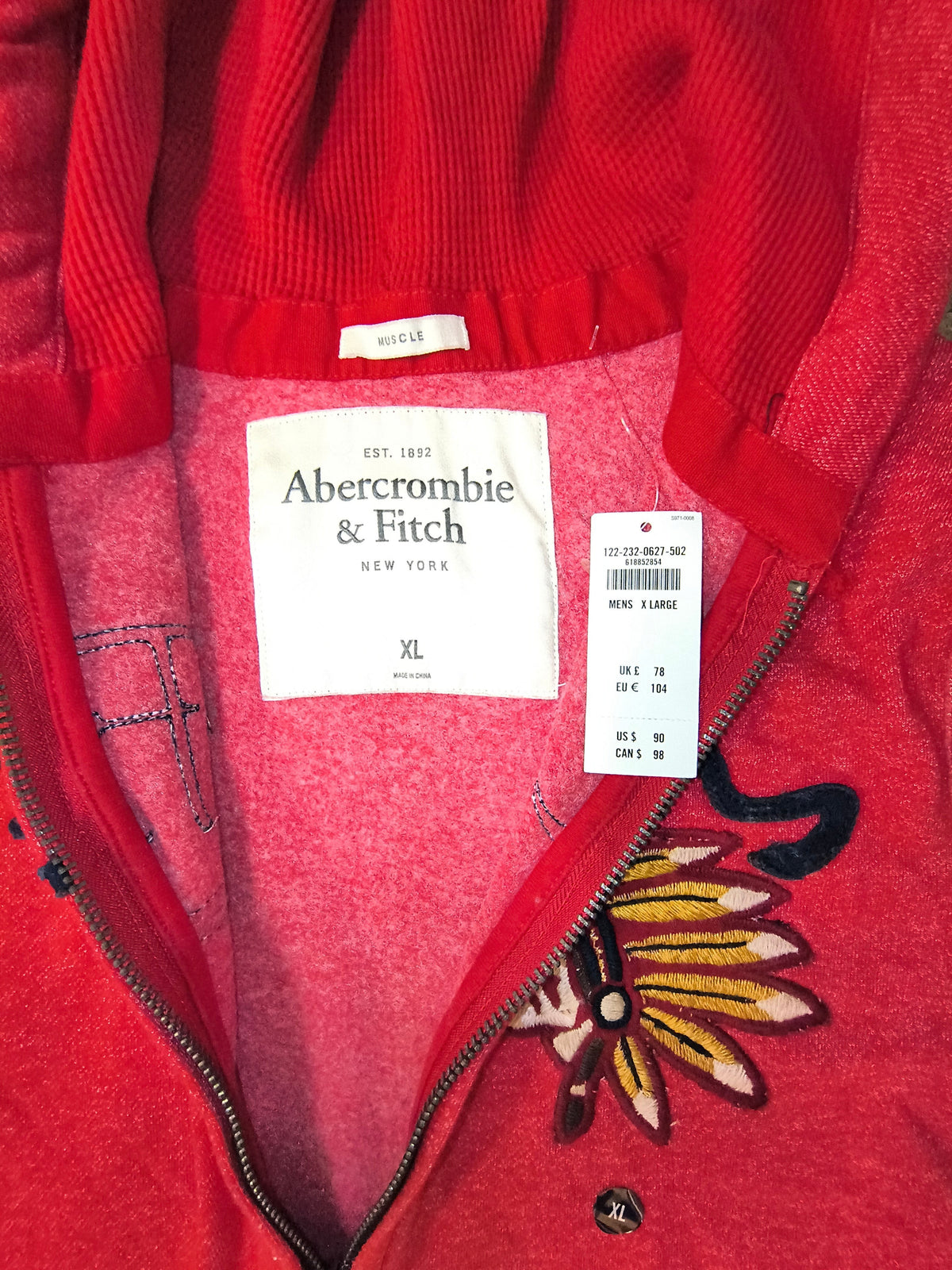 Awsum Thrift vintage Abercrombie & Fitch red fleece hoodie with embroidered chief patch and corduroy hood lining