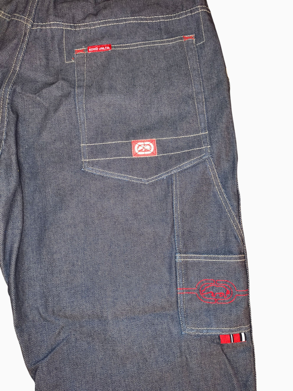 Awsum Thrift vintage Marc Ecko dark indigo denim carpenter jeans with red contrast stitching and embroidered rhino logo
