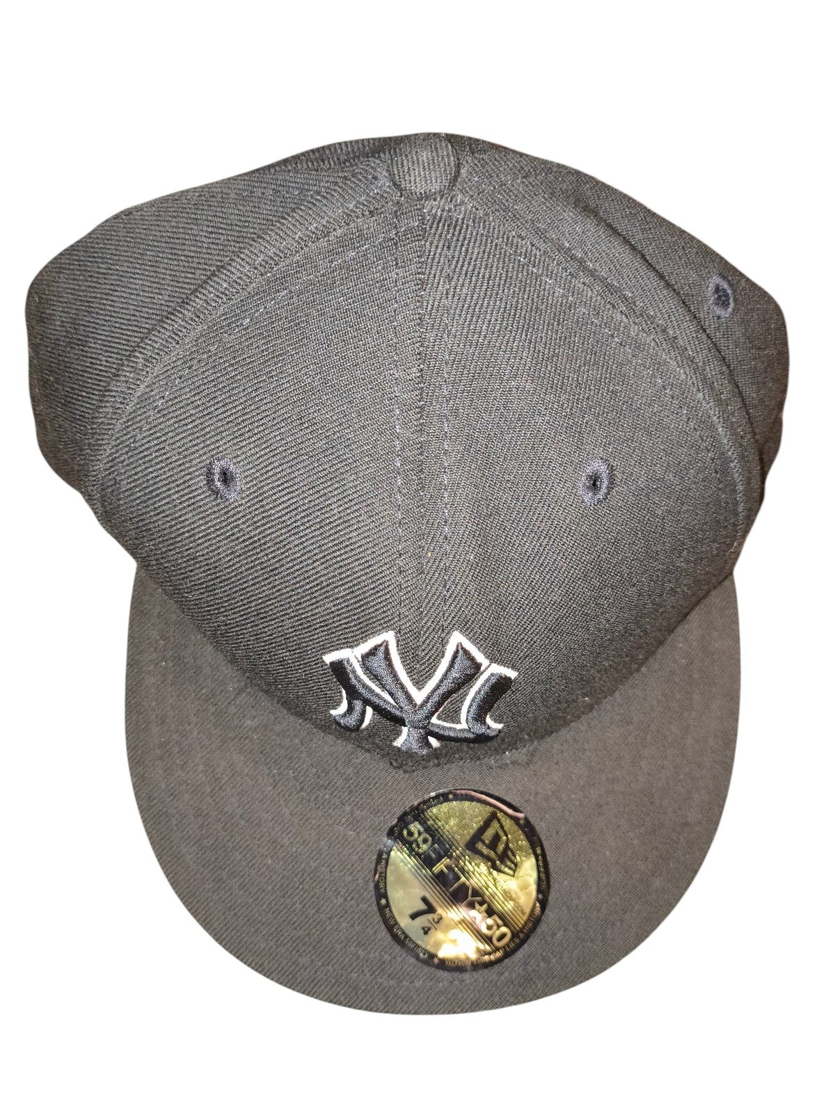 Awsum Thrift New Era 59FIFTY New York Yankees black fitted hat with white logo and 50th anniversary visor sticker